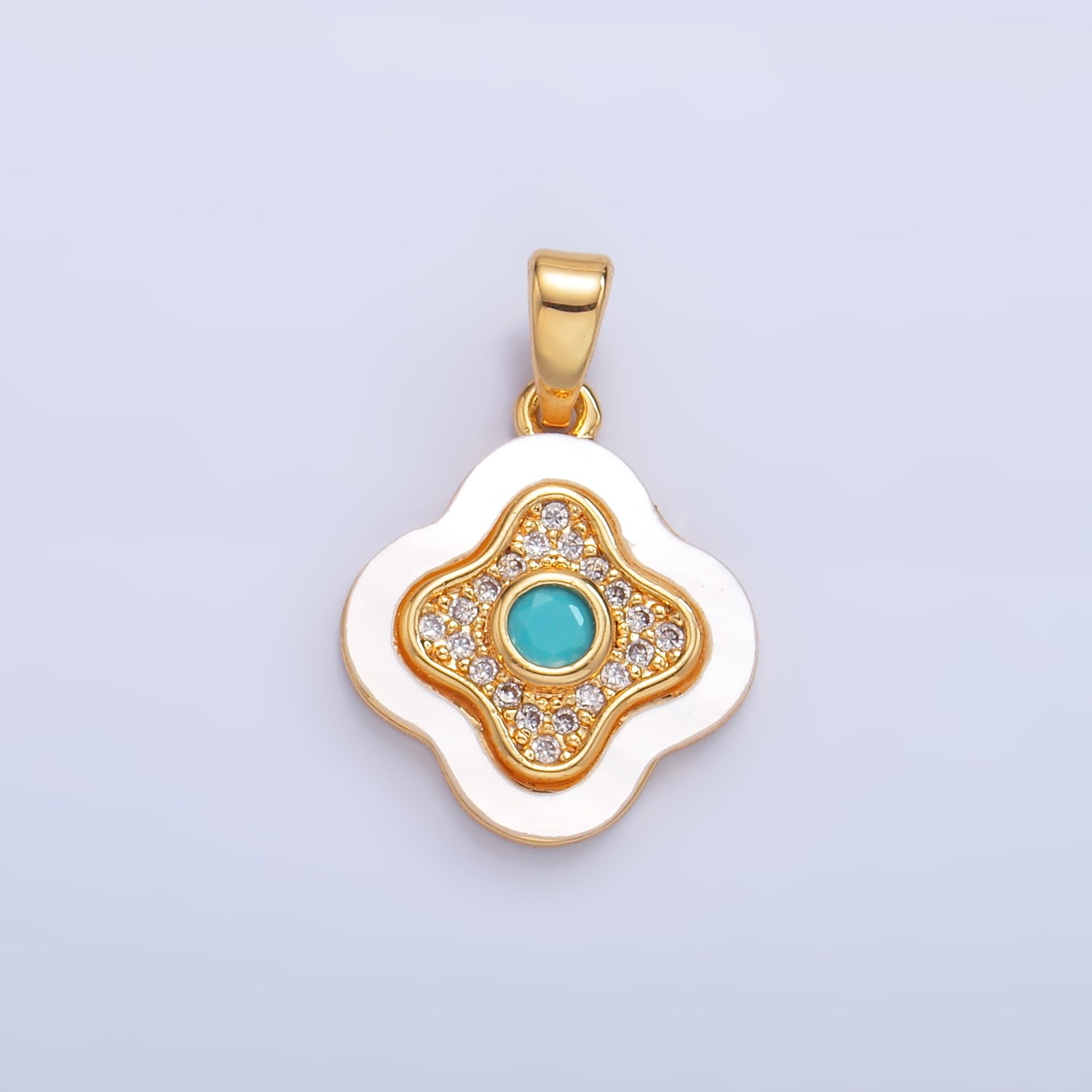 24K Gold Filled Turquoise Micro Paved CZ Shell Pearl Quatrefoil Pendant | AA1053