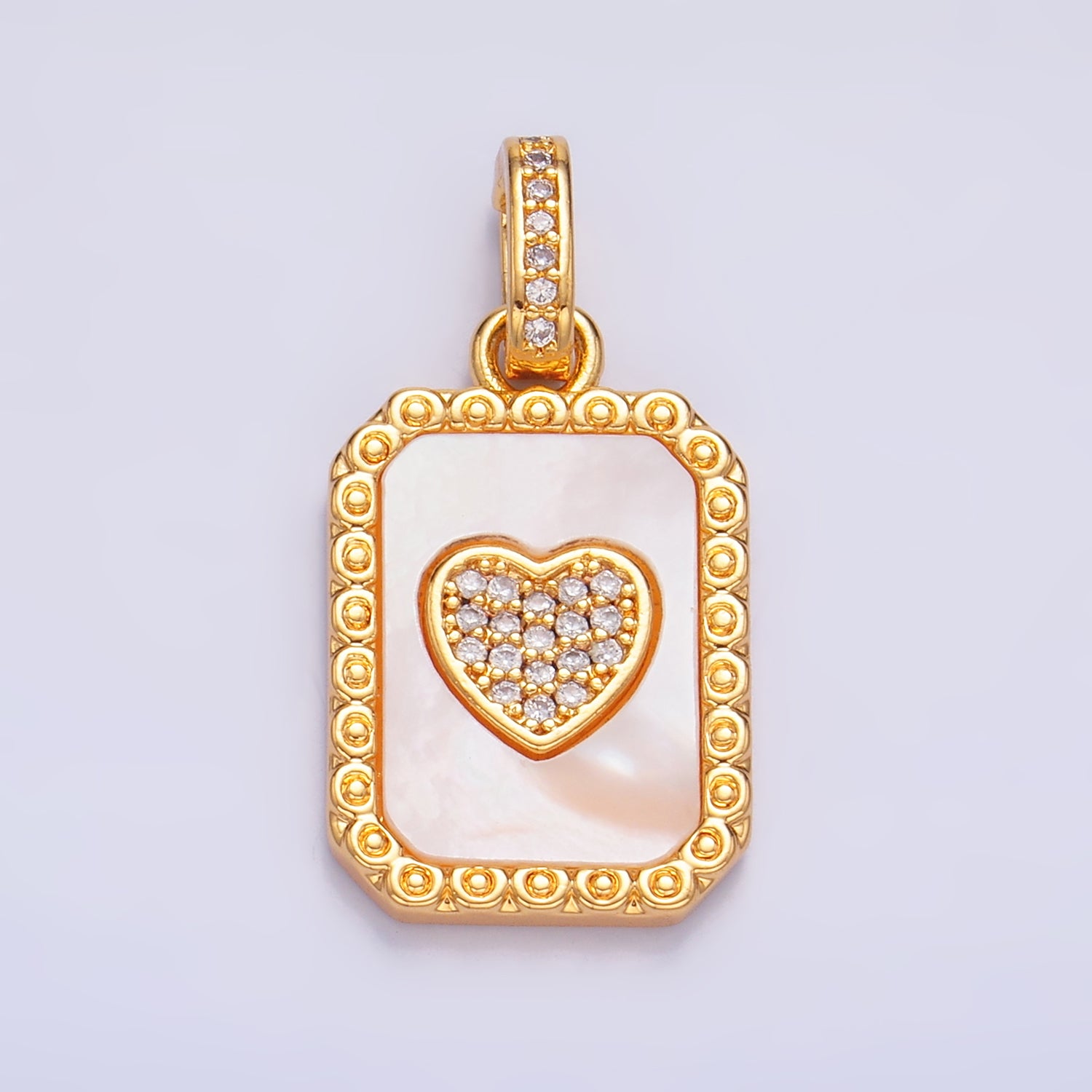 24K Gold Filled Red Carnelian, Shell Pearl Heart  Micro Paved Snap Bail Pendant | AA1056