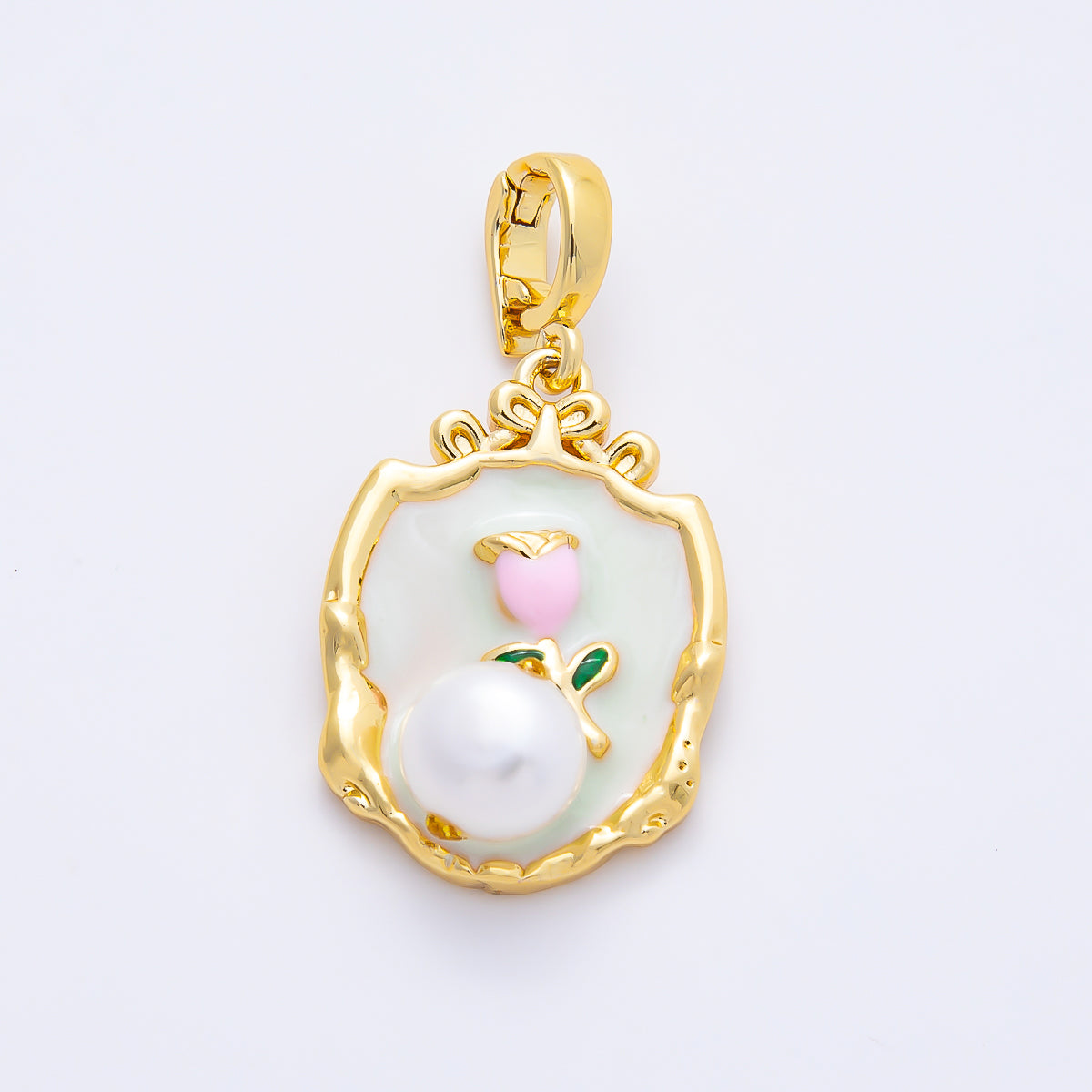 24K Gold Filled Green Pink Rose Flower With Pearl Snap Bail Pendant | AA1462