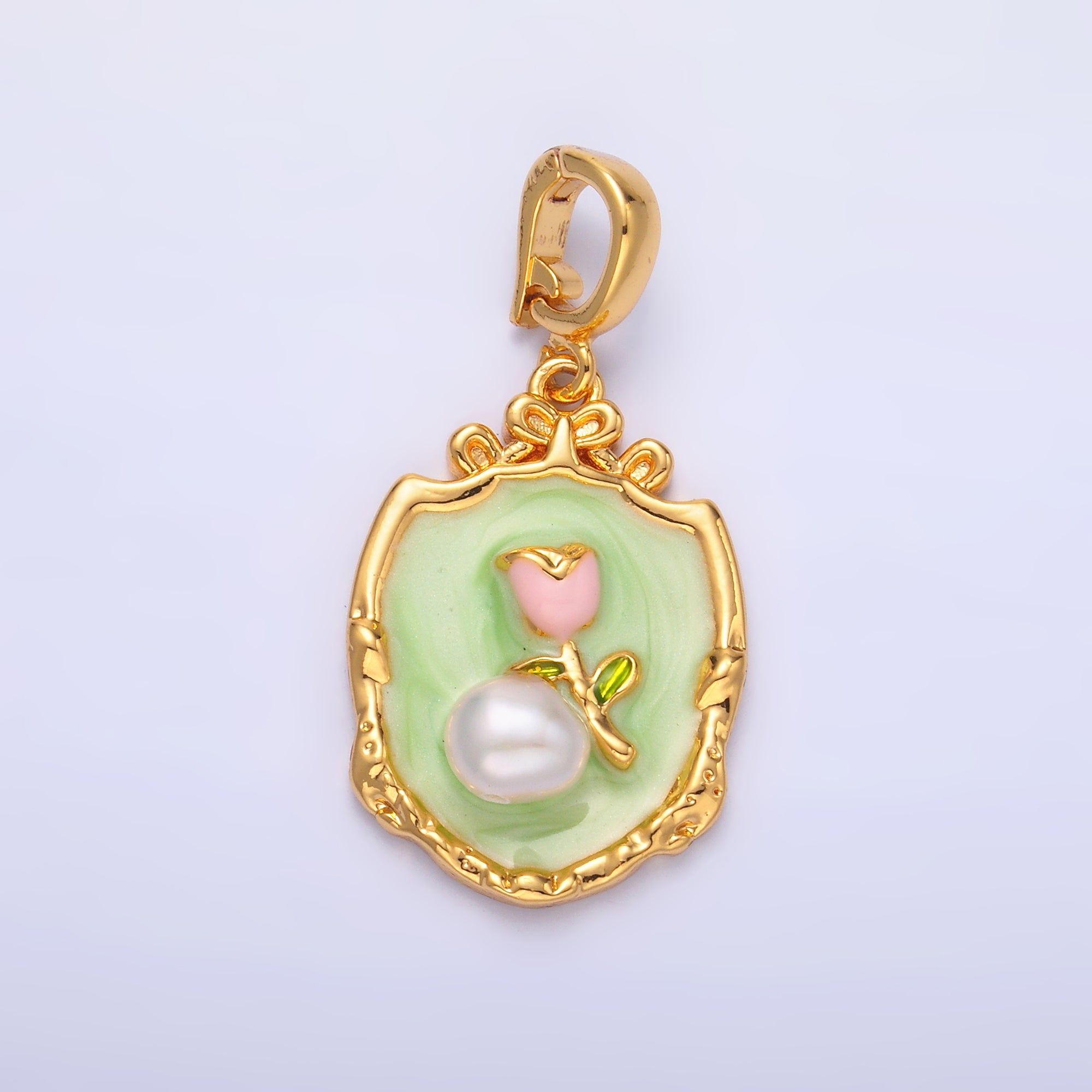 24K Gold Filled Green Pink Rose Flower With Pearl Snap Bail Pendant | AA1462