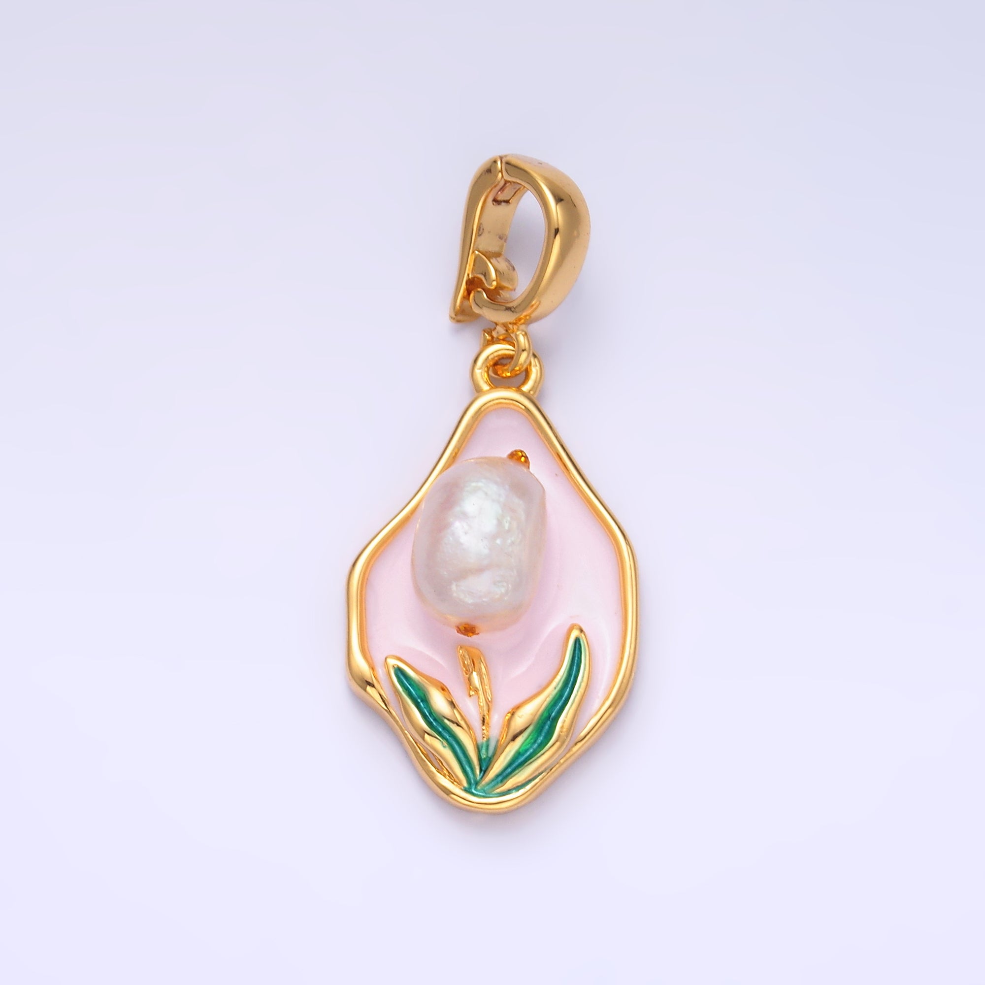 24K Gold Filled Pink Enamel Tulip Charm with Snap Bail Pendant | AA-1467