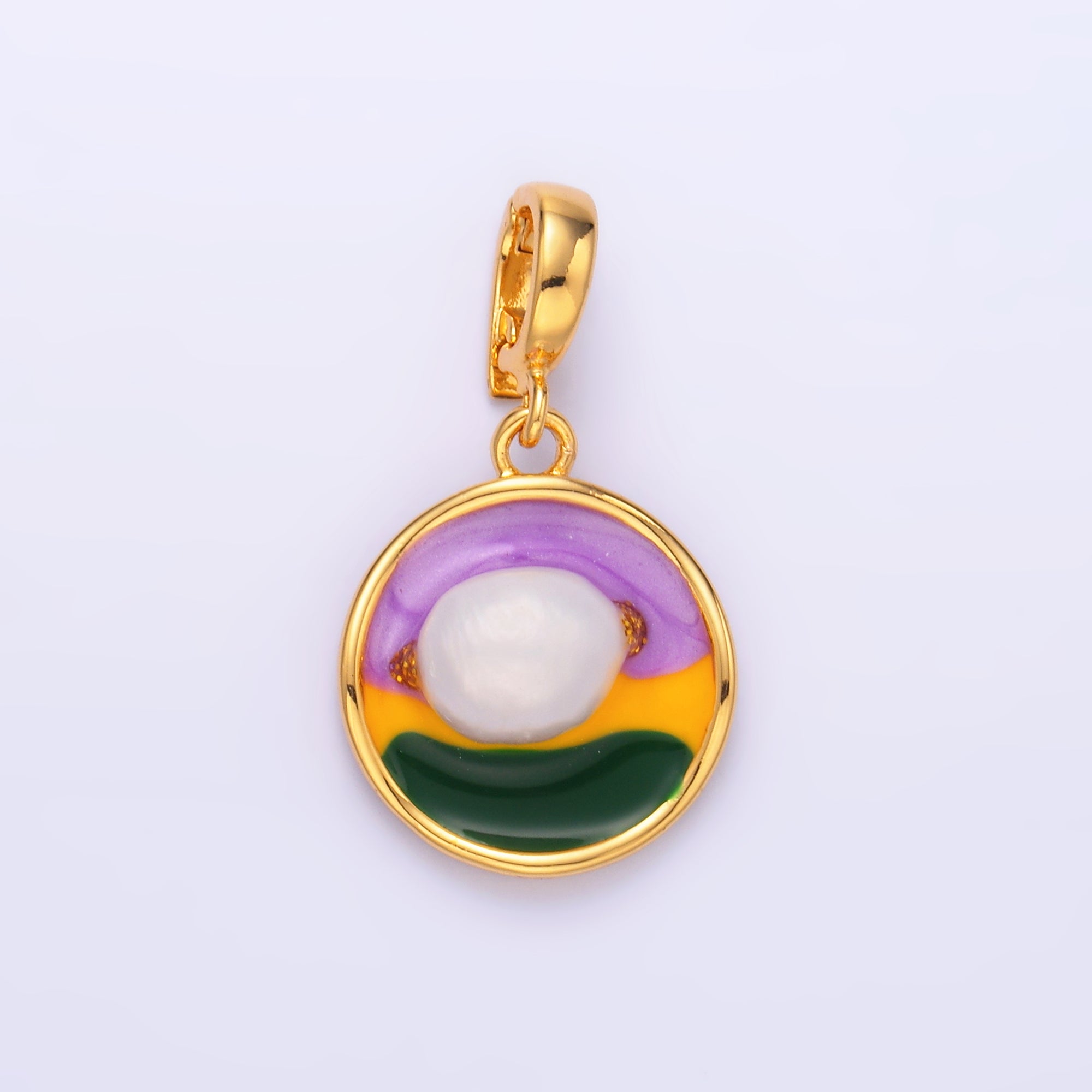 24K Gold Filled Pearl Colorful Artsy Coin Charm with Snap Bail Pendant | AA-1469