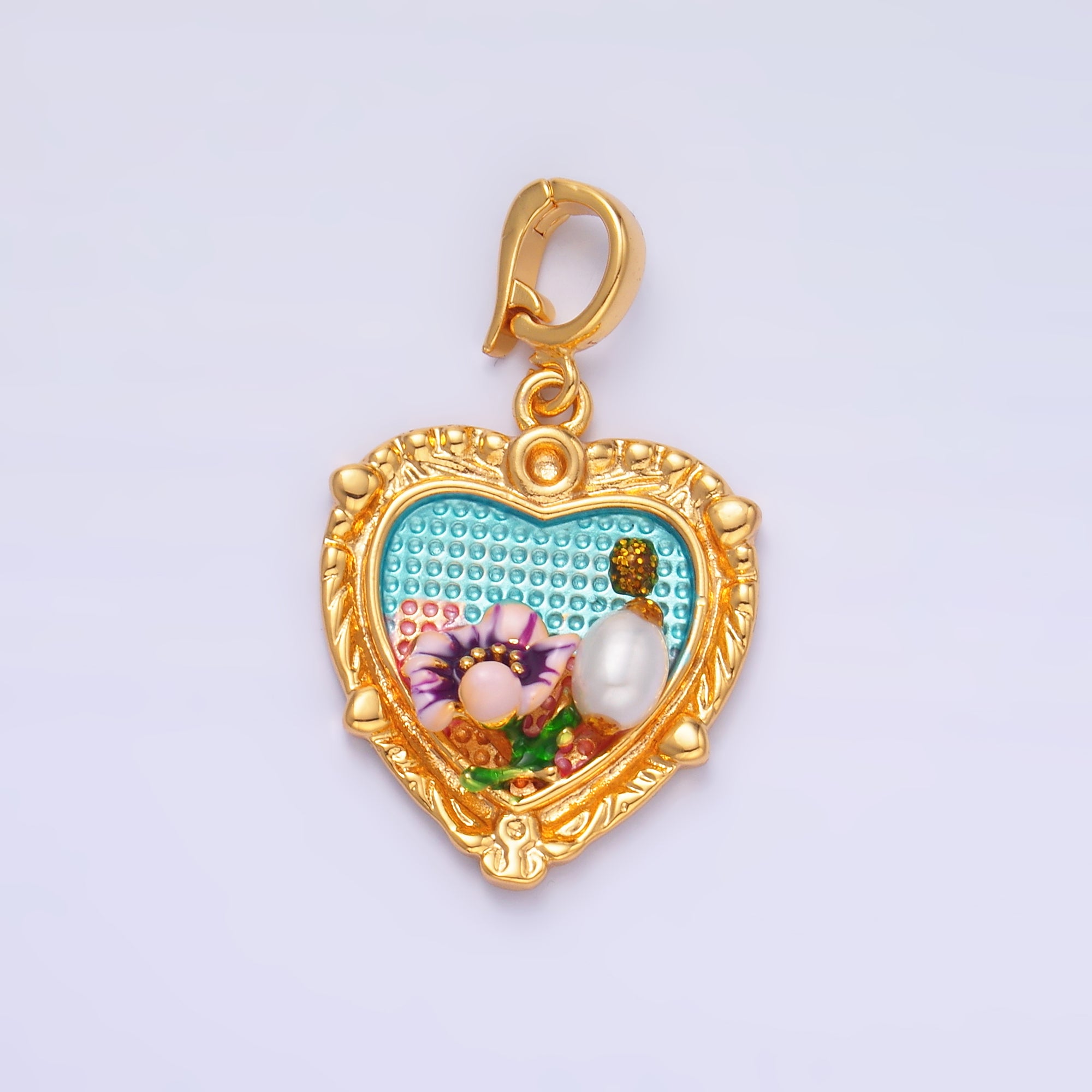 24K Gold Filled Flower Garden Heart Enamel Charm with Snap Bail Pendant | AA-1470