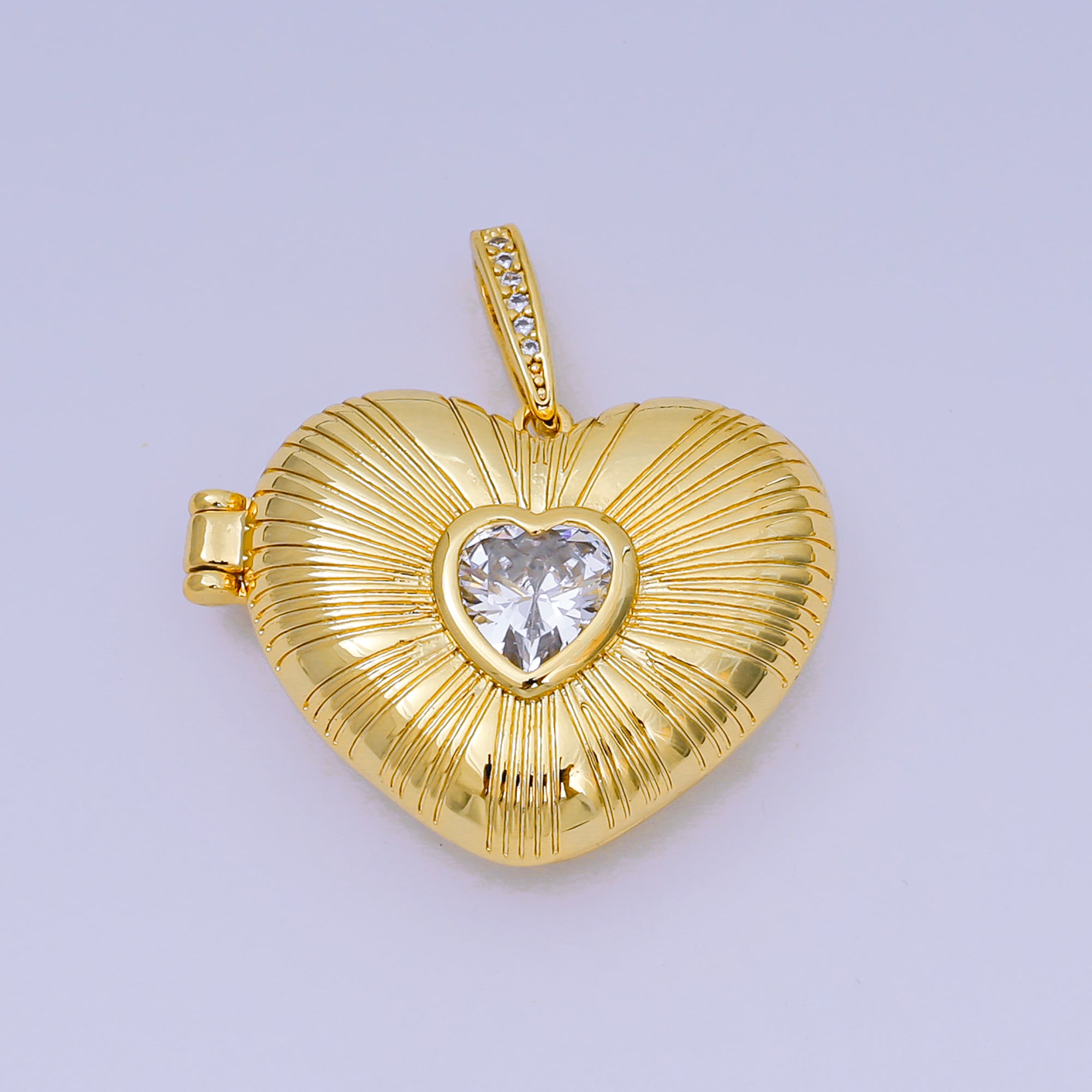 24K Gold Filled 25mm Heart CZ Sunburst Photo Locket Love Pendant | AA-1509
