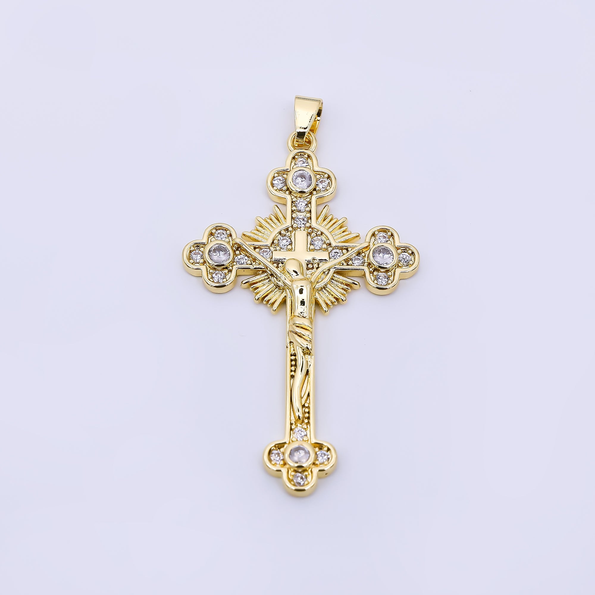24K Gold Filled 42.5mm Micro Paved CZ Mesiah Holy Cross Christian Charm | AA-1569