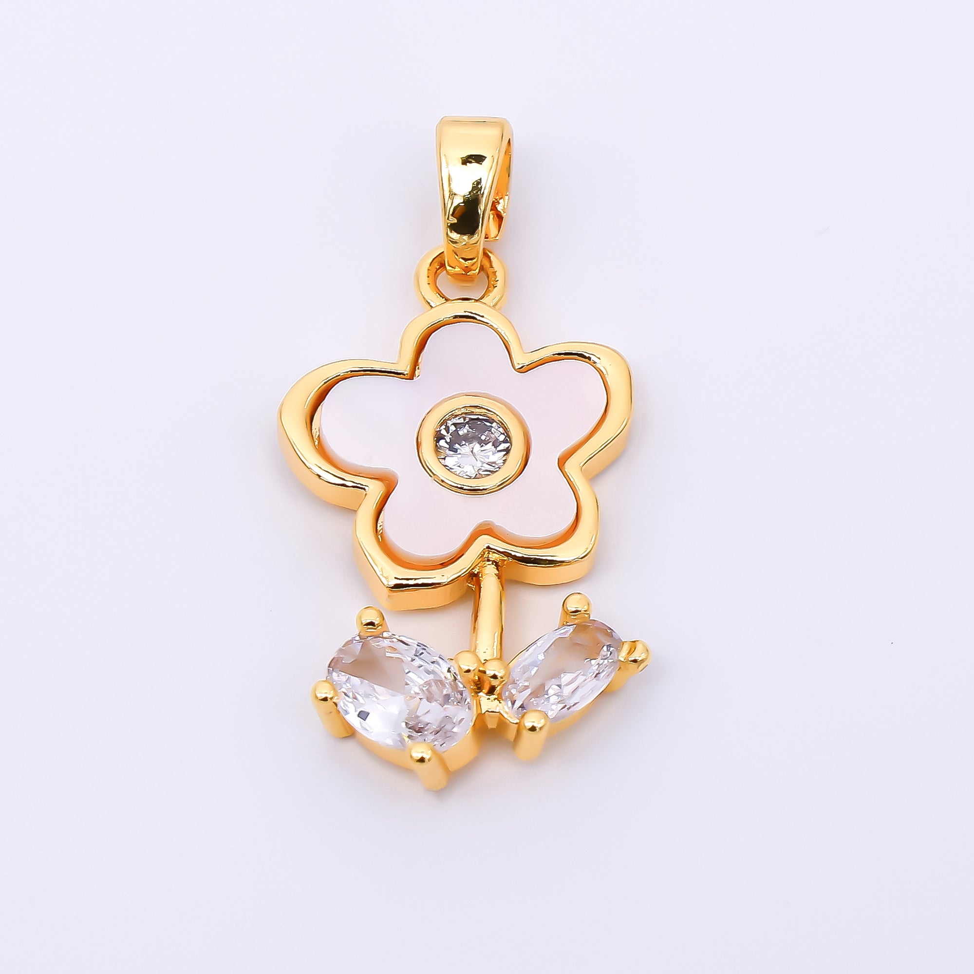 24K Gold Filled 21.5mm Oval Clear CZ Mother of Pearl Timeless Beauty Flower Pendant in Gold & Silver | AA-1571