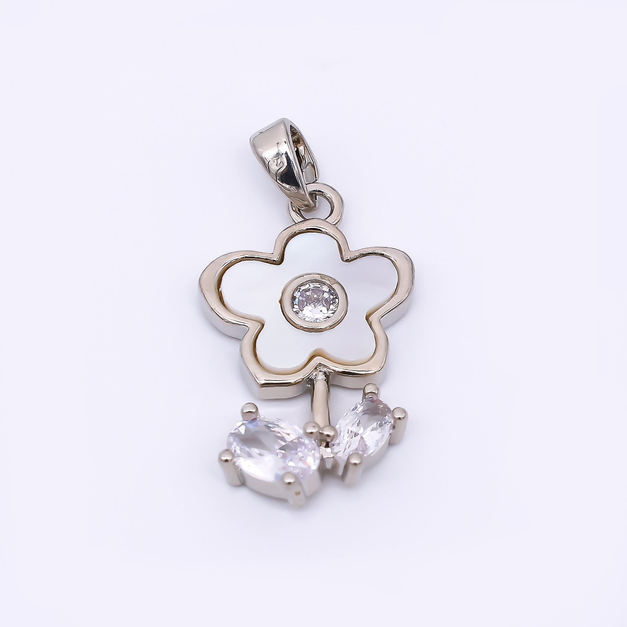 24K Gold Filled 21.5mm Oval Clear CZ Mother of Pearl Timeless Beauty Flower Pendant in Gold & Silver | AA-1571