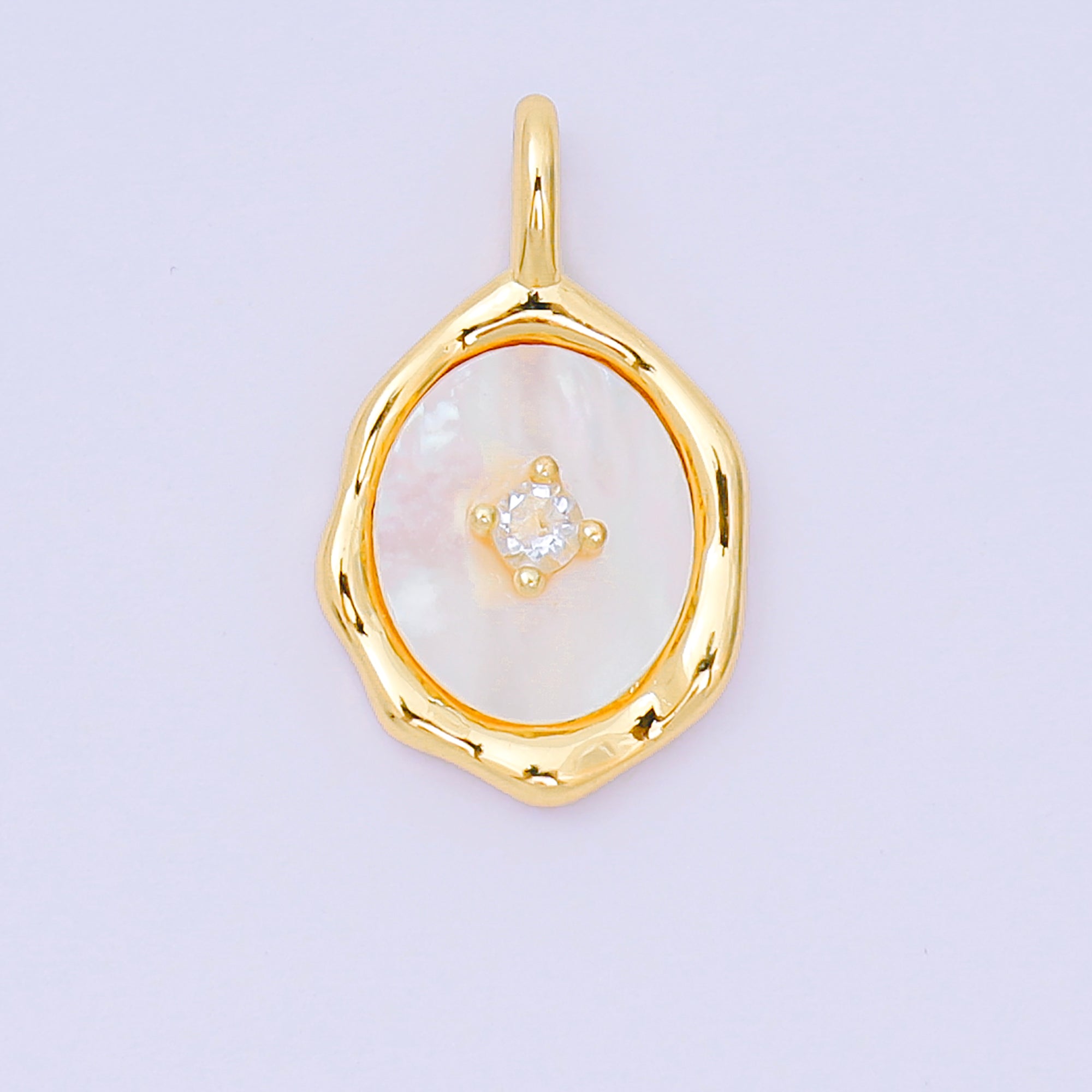 24K Gold Filled 20mm Round CZ Shell Pearl Abstract Mirror Pendant in Gold & Silver | AA-1584