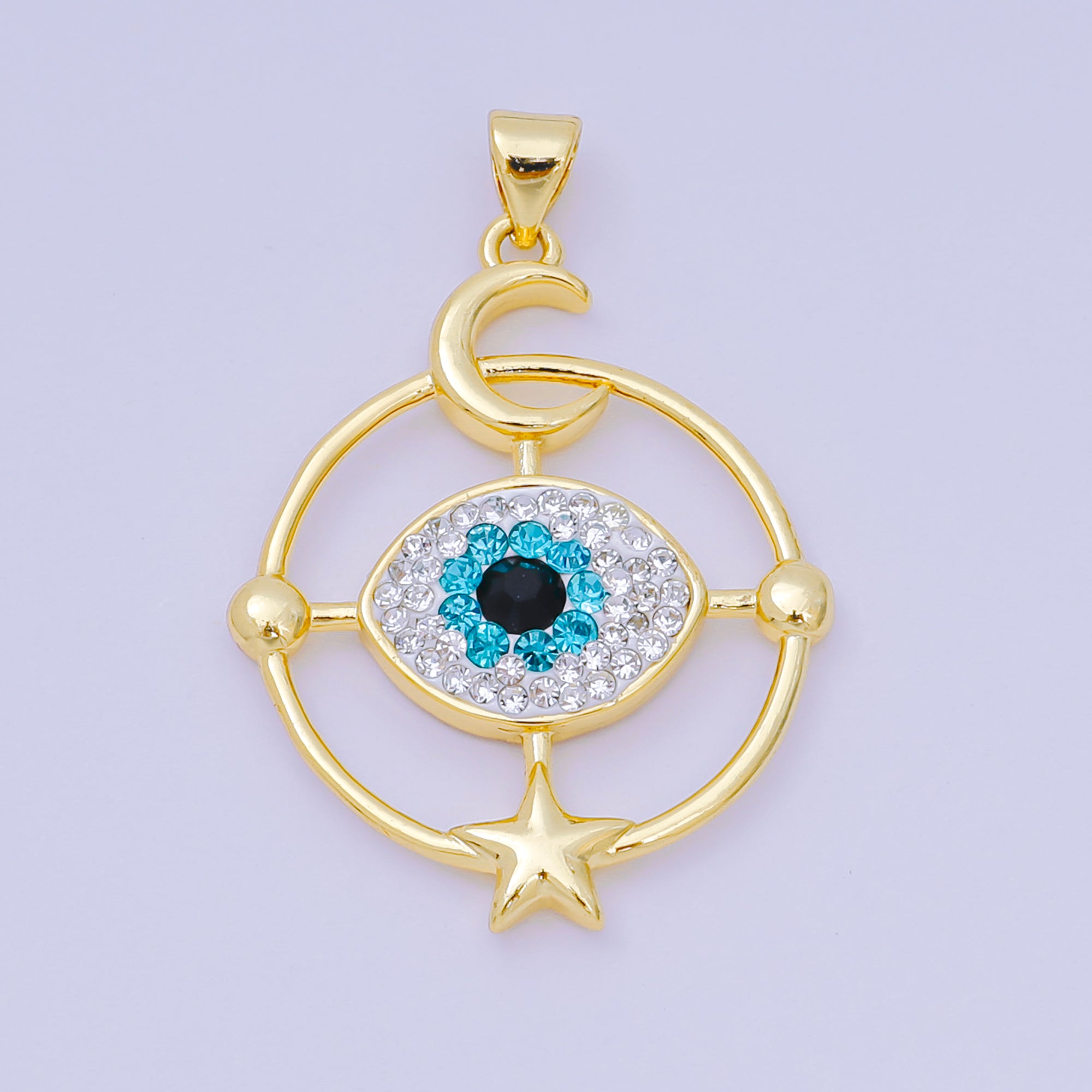 24K Gold Filled 33mm Black, Blue, & Clear CZ Star Moon Evil Eye Charm | AA-1598