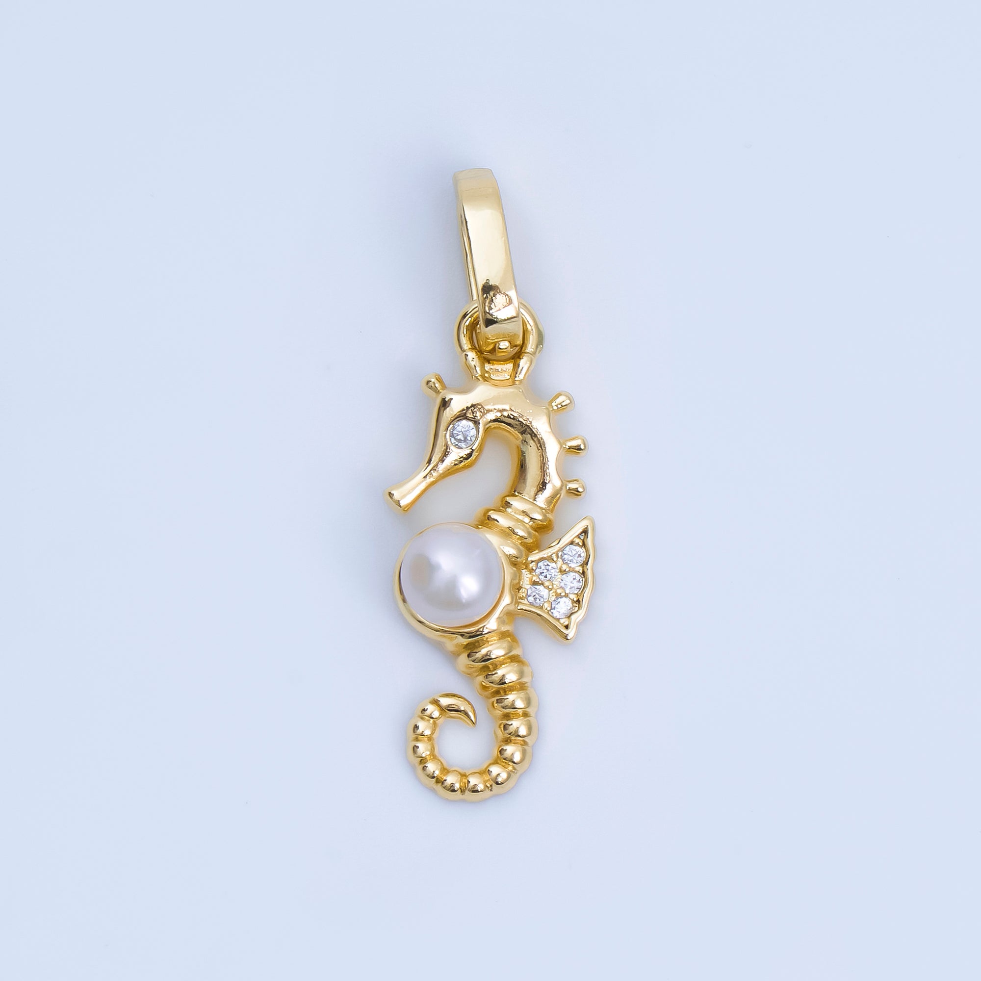 24K Gold Filled 25mm Micro Paved CZ Shell Pearl Luxe Ocean Seahorse Animal Charm | AA-1600