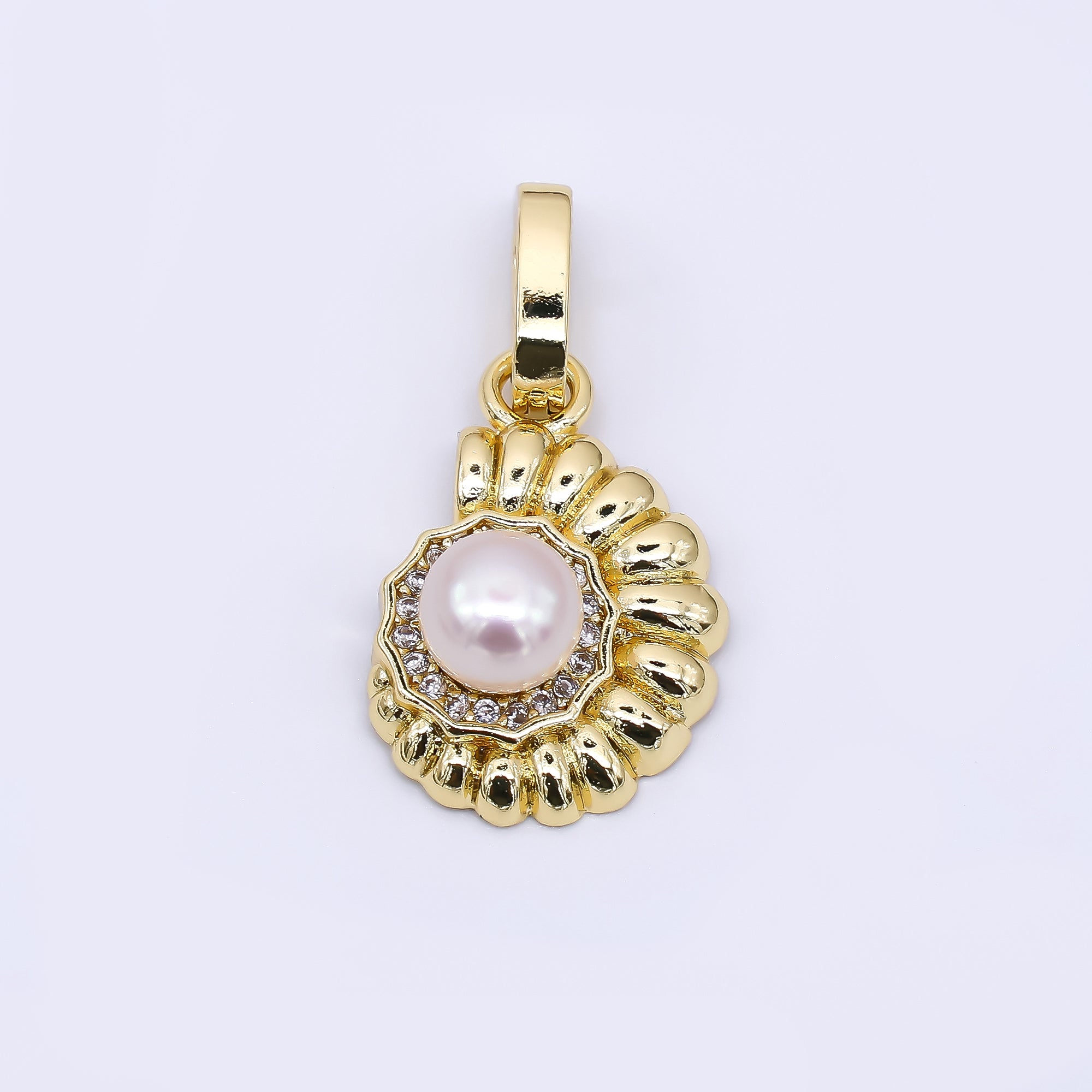 24K Gold Filled 18mm Micro Paved CZ Shell Pearl Ammonite Sea Shell Pendant | AA-1601