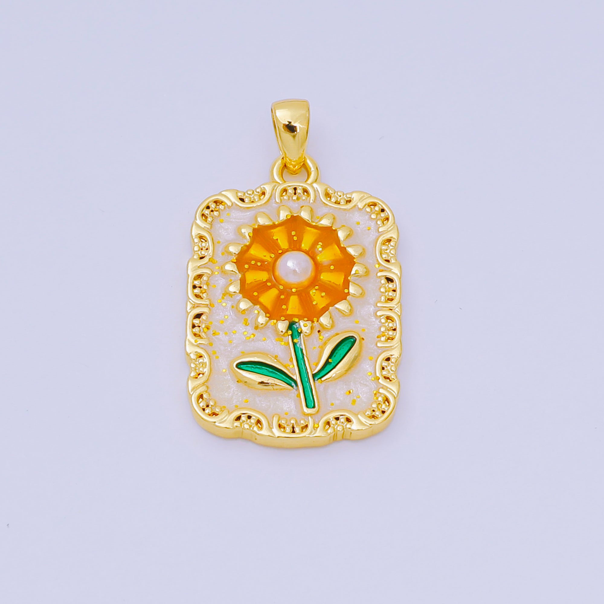 24K Gold Filled 24mm Enamel Art Sunflower Medallion Pendant | AA-1603