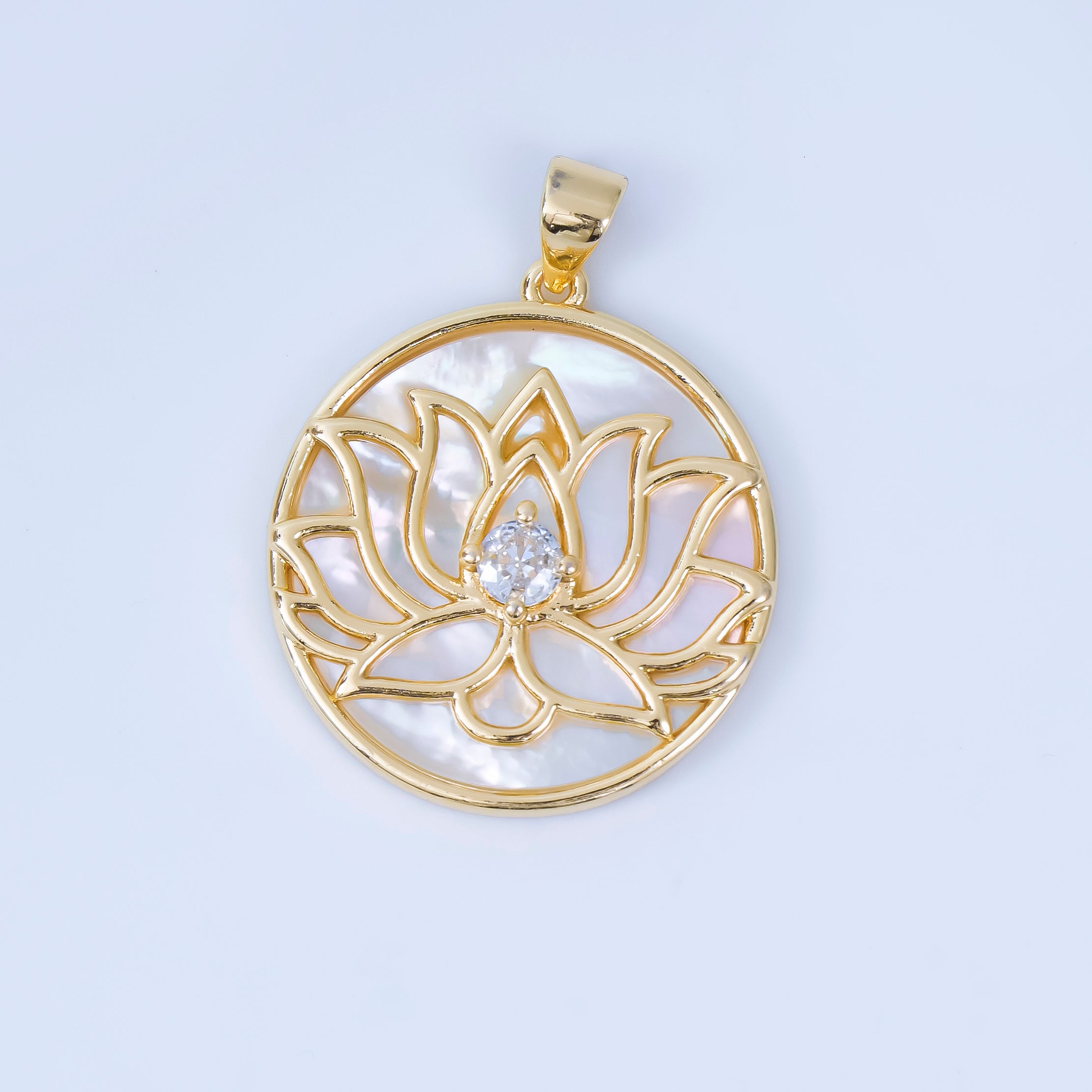 24K Gold Filled 26mm Shell Pearl White Lotus Flower Medallion Pendant | AA-1605