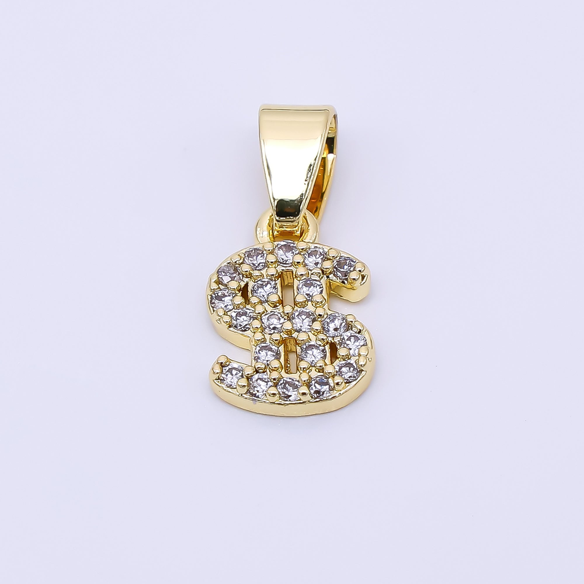 24K Gold Filled 9.5mm Micro Paved CZ Money Dollar Sign Pendant | AA-1607