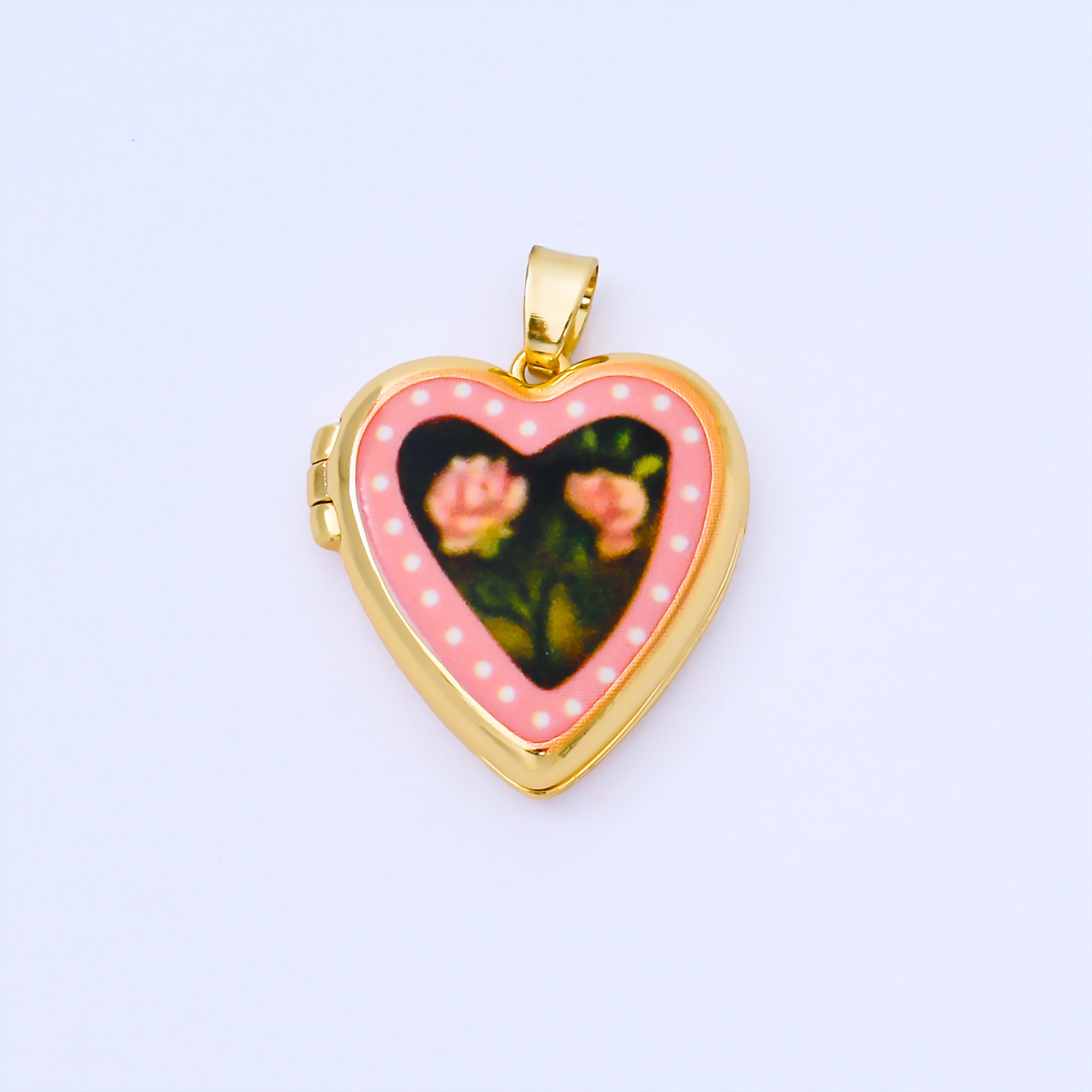 24K Gold Filled 22mm Hand-Painted Enamel Heart-Shaped Locket Flower Pendant | AA1613 ~ AA1617