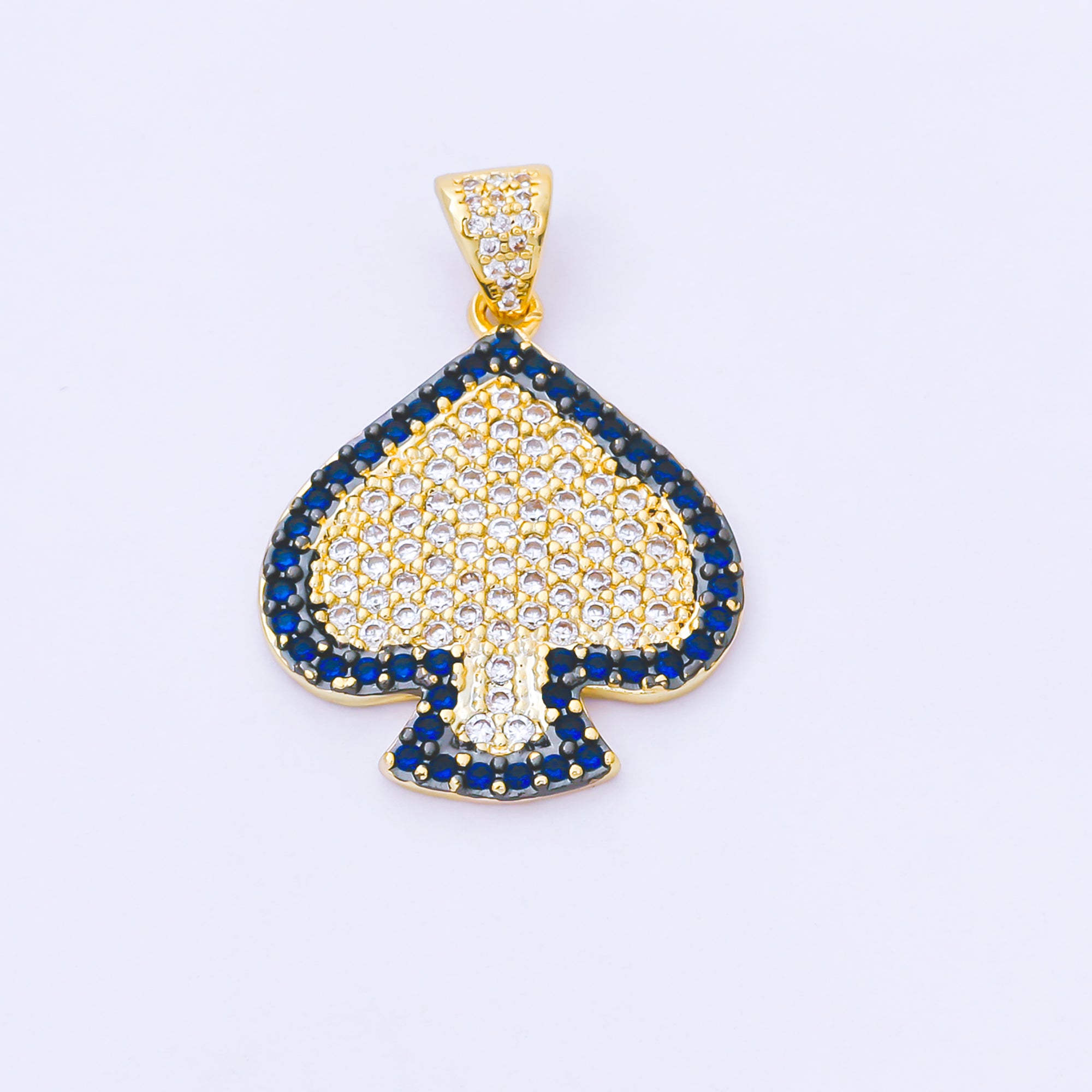 24K Gold Filled 28mm Clear & Blue Micro Paved CZ Solitaire Spade Pendant | AA1619