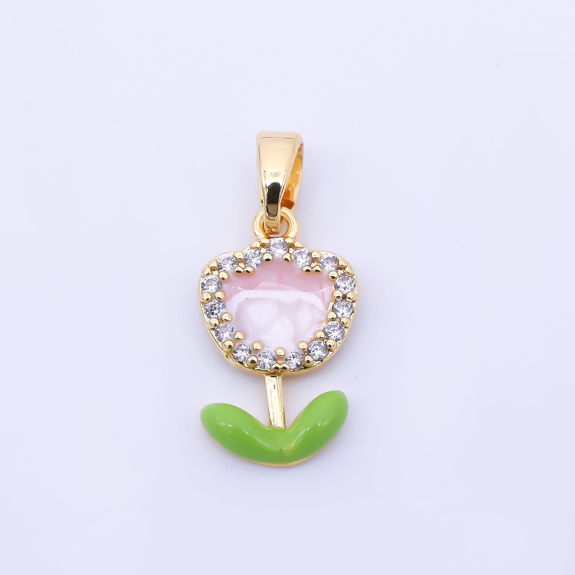 24K Gold Filled 15mm Micro Paved CZ Enamel Pink Rose Flower Pendant | AA1643