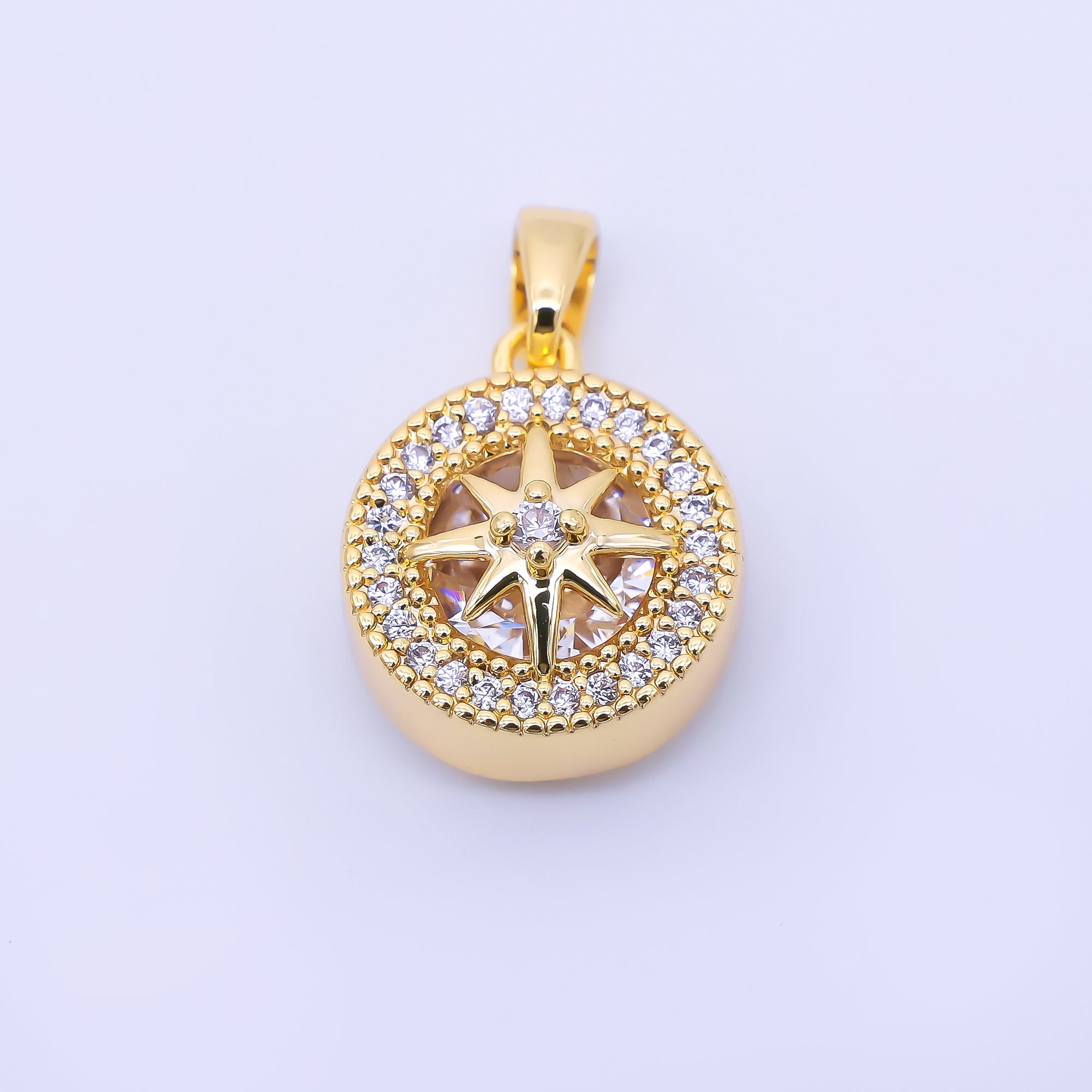 24K Gold Filled 15mm Micro Paved CZ North Star Compass Pendant in Gold & Silver | AA1649