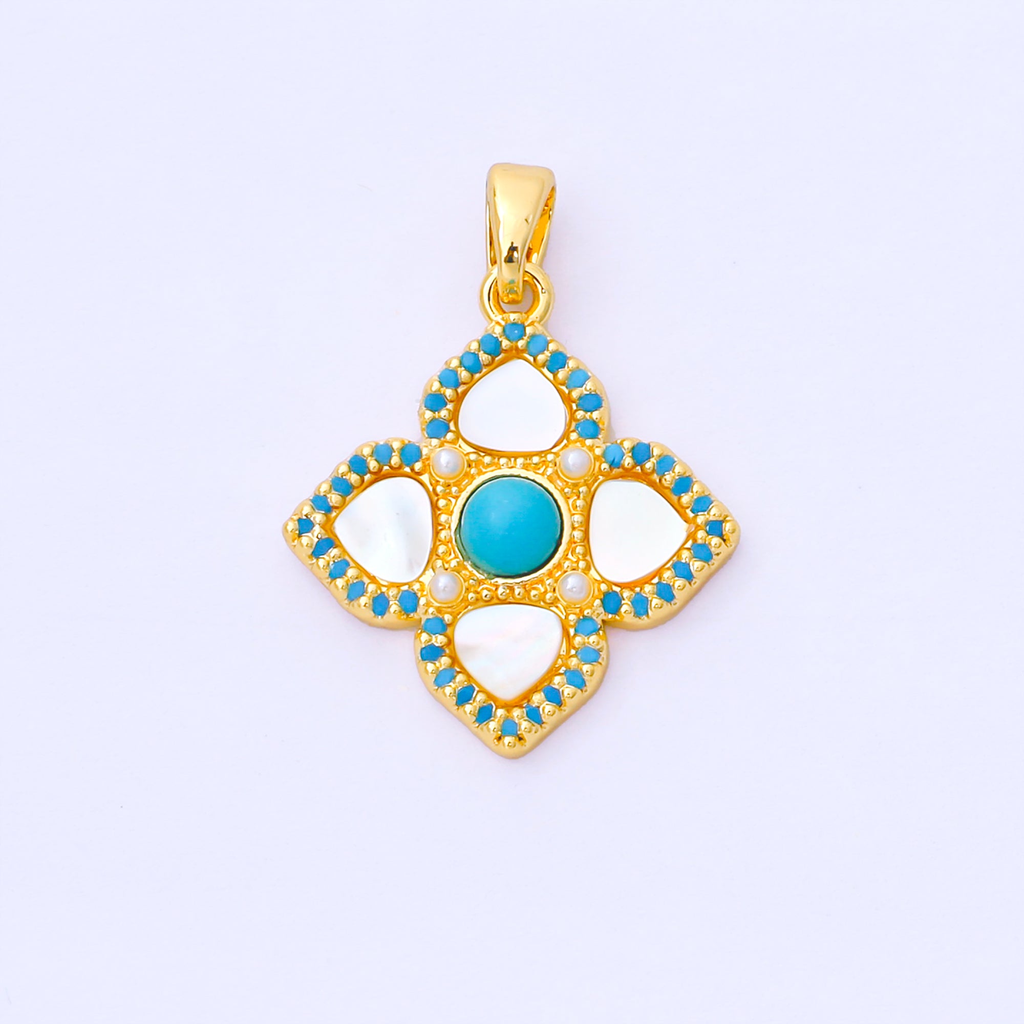 24K Gold Filled 20.5mm Blue Micro Paved CZ Mother of Pearl 4-Leaf Lucky Clover Charm | AA1650