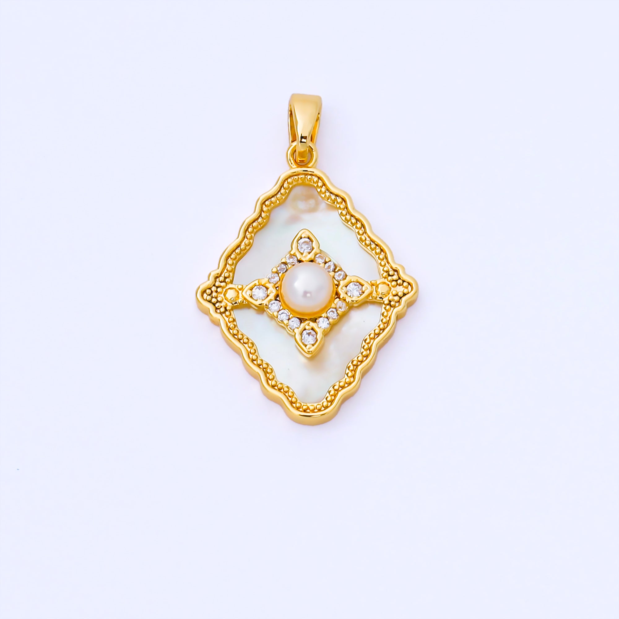 24K Gold Filled 24mm Micro Paved CZ Mother of Pearl Dazzling Rhombus Pendant | AA1653