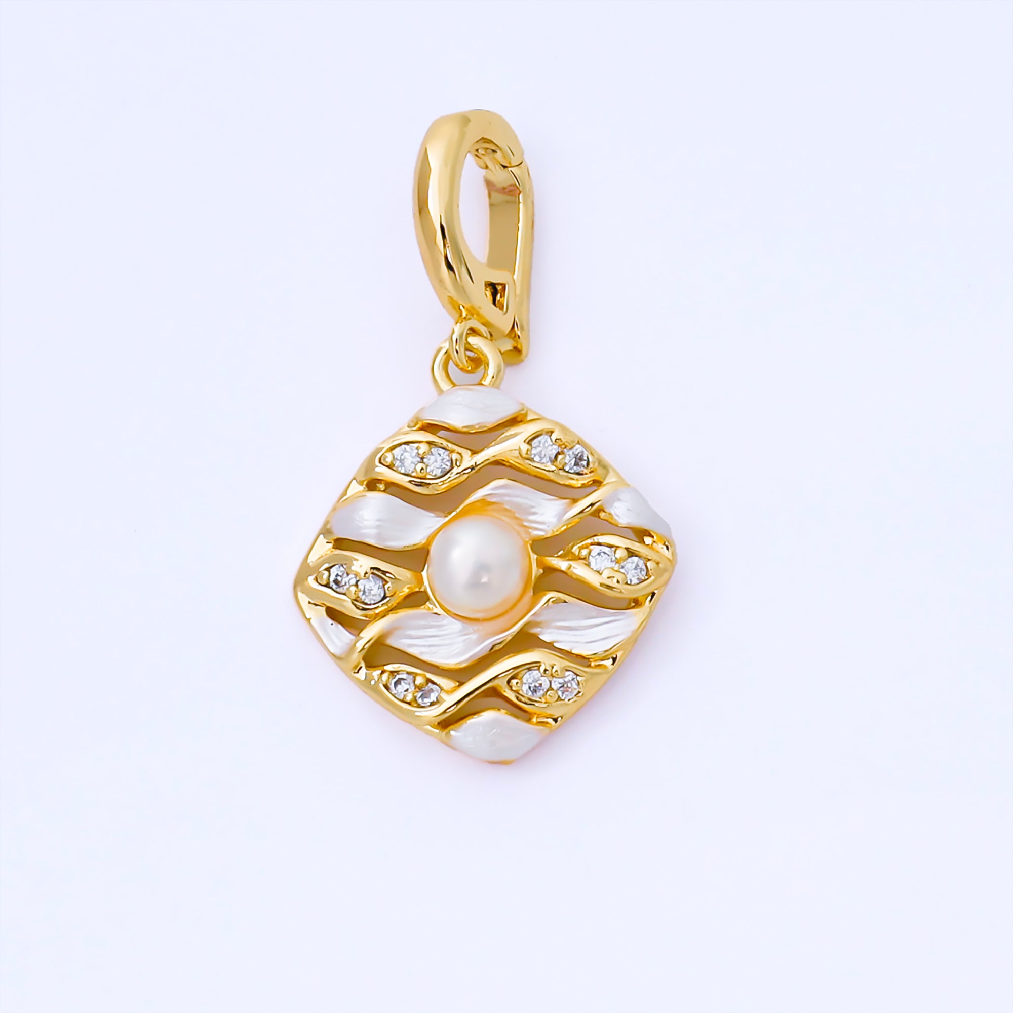 24K Gold Filled 18mm Micro Paved CZ Shell Pearl Wavy Rhombus Tag Pendant | AA1655