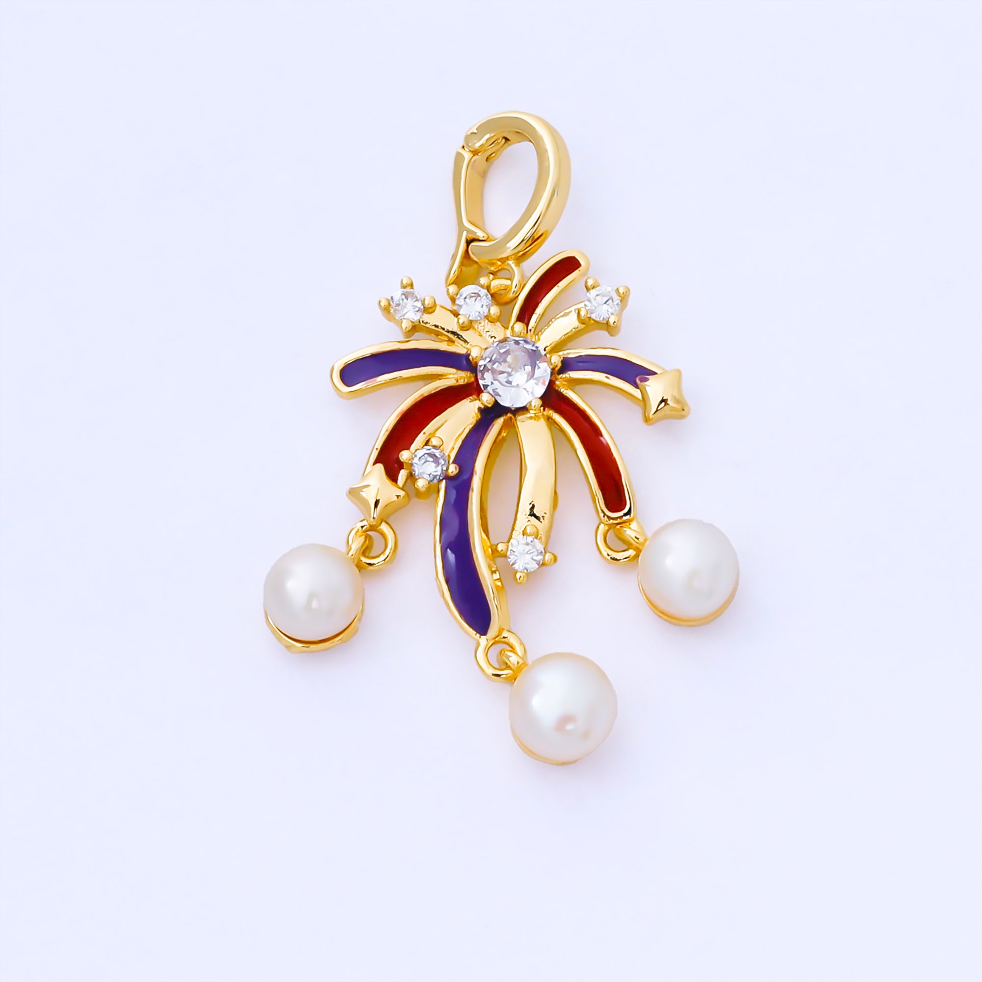 24K Gold Filled 23.5mm CZ Shell Pearl Multicolor Enamel Fireworks Charm | AA1656