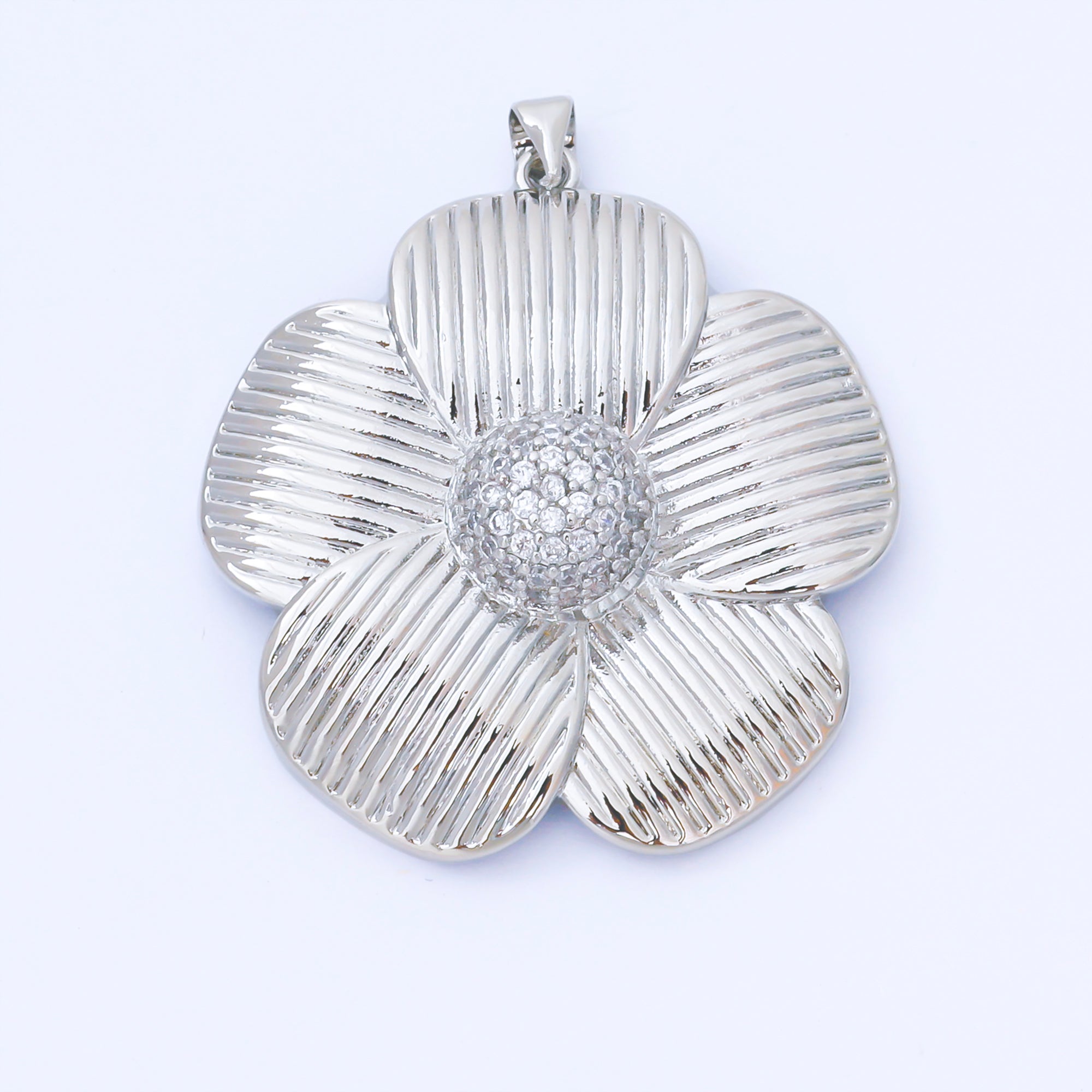 24K Gold Filled 41mm Micro Paved CZ Ribbed Flower Pendant in Gold & Silver | AA1657 AA1660