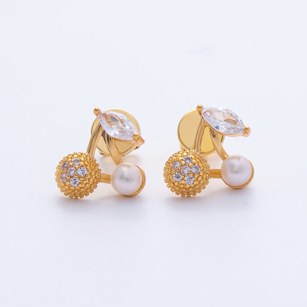 18K Gold Filled 15mm Micro Paved CZ Shell Pearl Cherry Fruit Stud Earrings | A1677