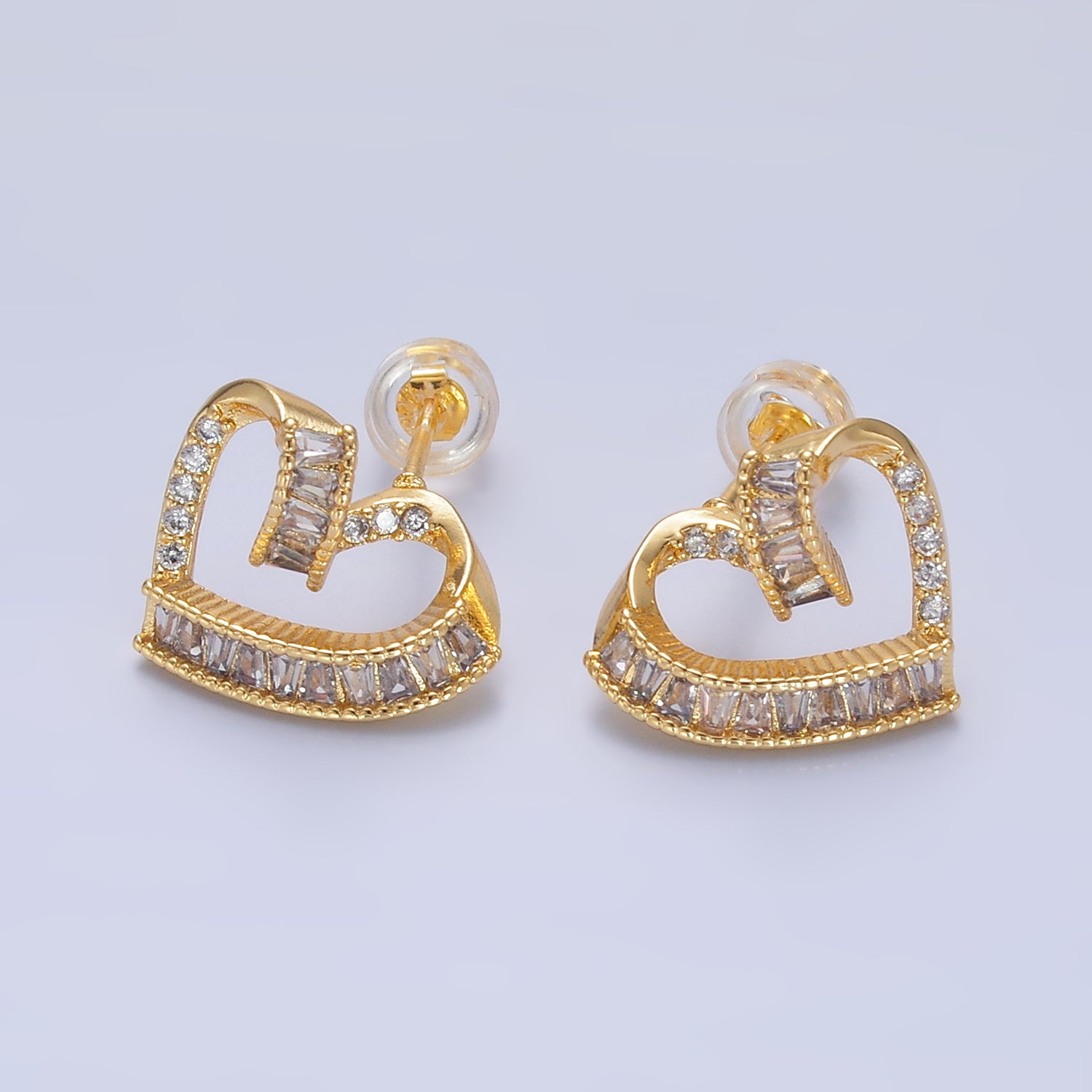 24K Gold Filled Baguette Micro Paved CZ Heart Stud Earrings Set | AB1021