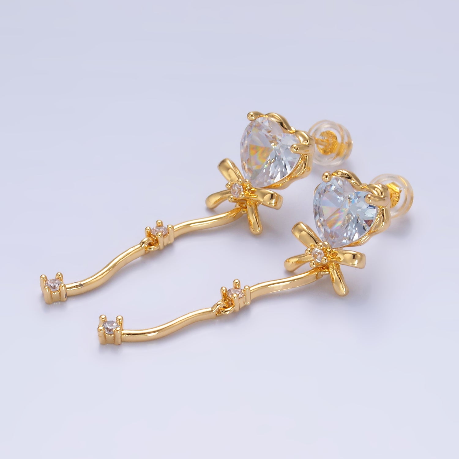 24K Gold Filled Clear CZ Heart Ribbon Bow Drop Earrings | AB1034