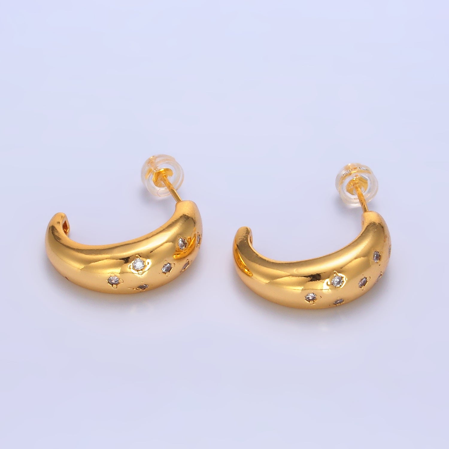 24K Gold Filled CZ Celestial Star Dome C-Shaped Hoop Earrings | AB1088