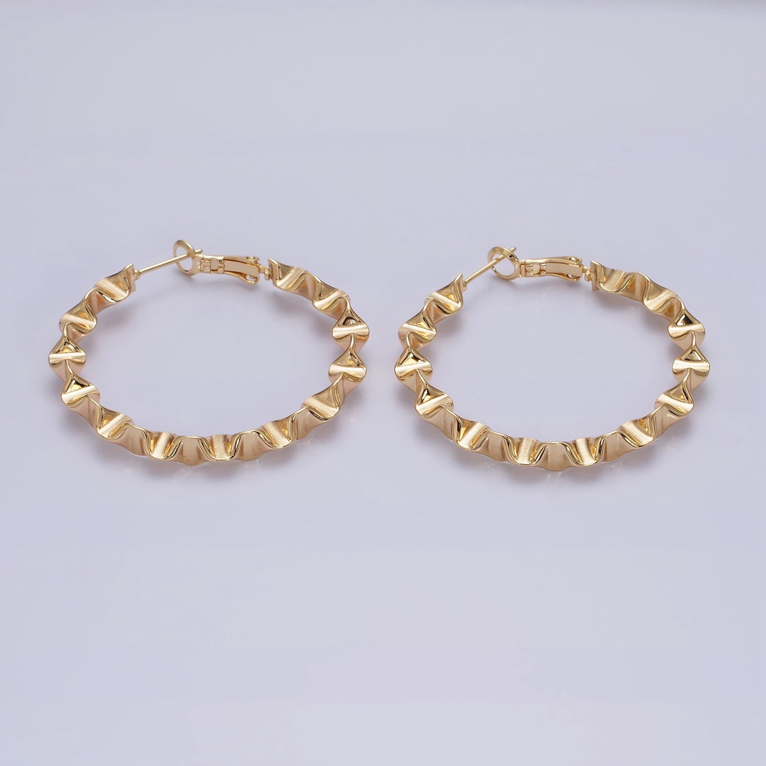 16K Gold Filled 43.5mm Geometric Wavy Foil Hinge Hoop Earrings in Gold & Silver | AB1437 - AB1438