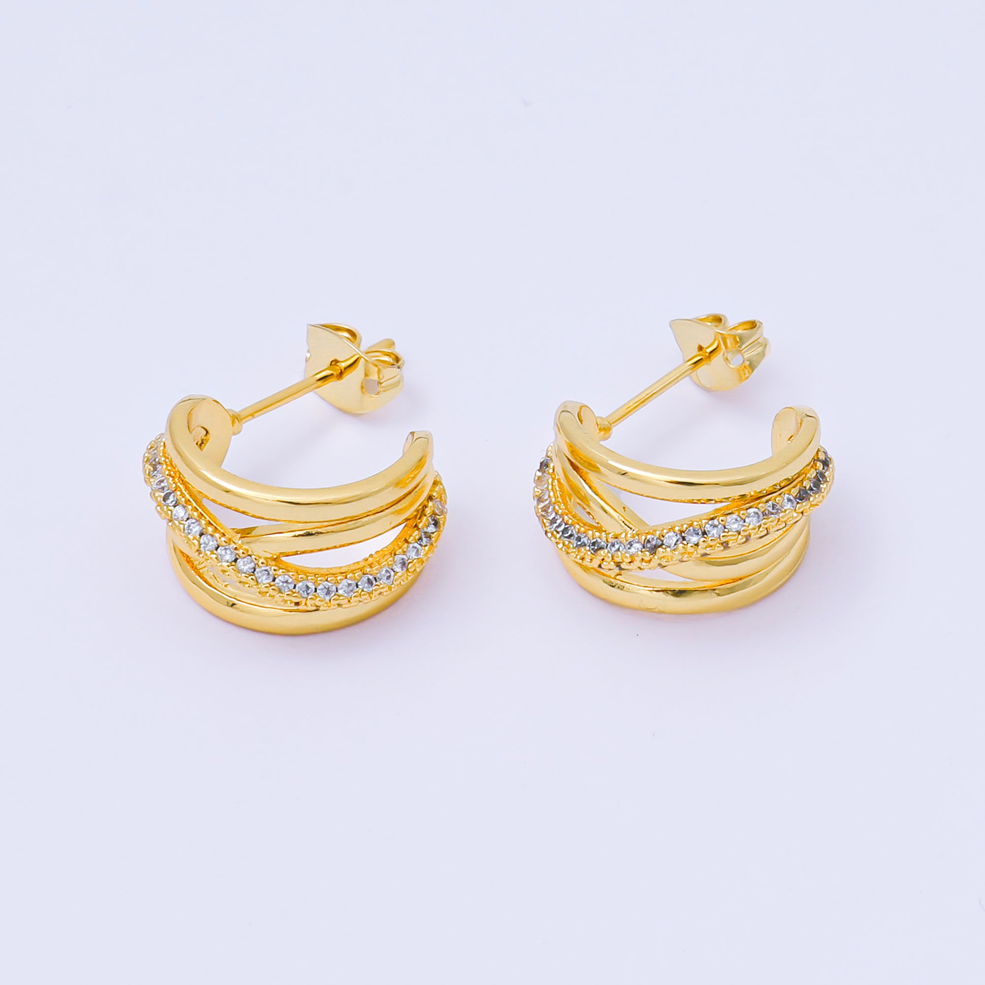 24K Gold Filled Micro Paved CZ Linear Textures C-Hoops Earrings | AB1564