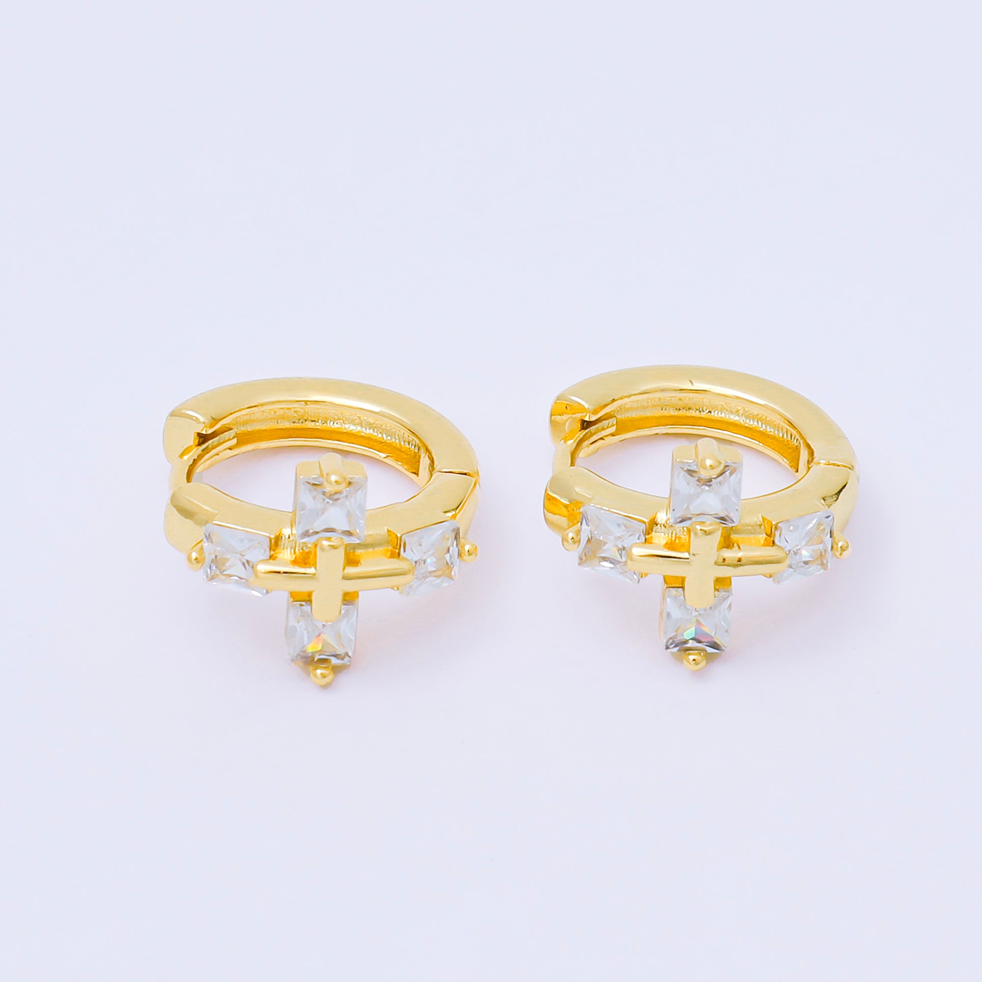 24K Gold Filled Holy Cross Square-Cut CZ Huggie Hoops Earrings | AB1565