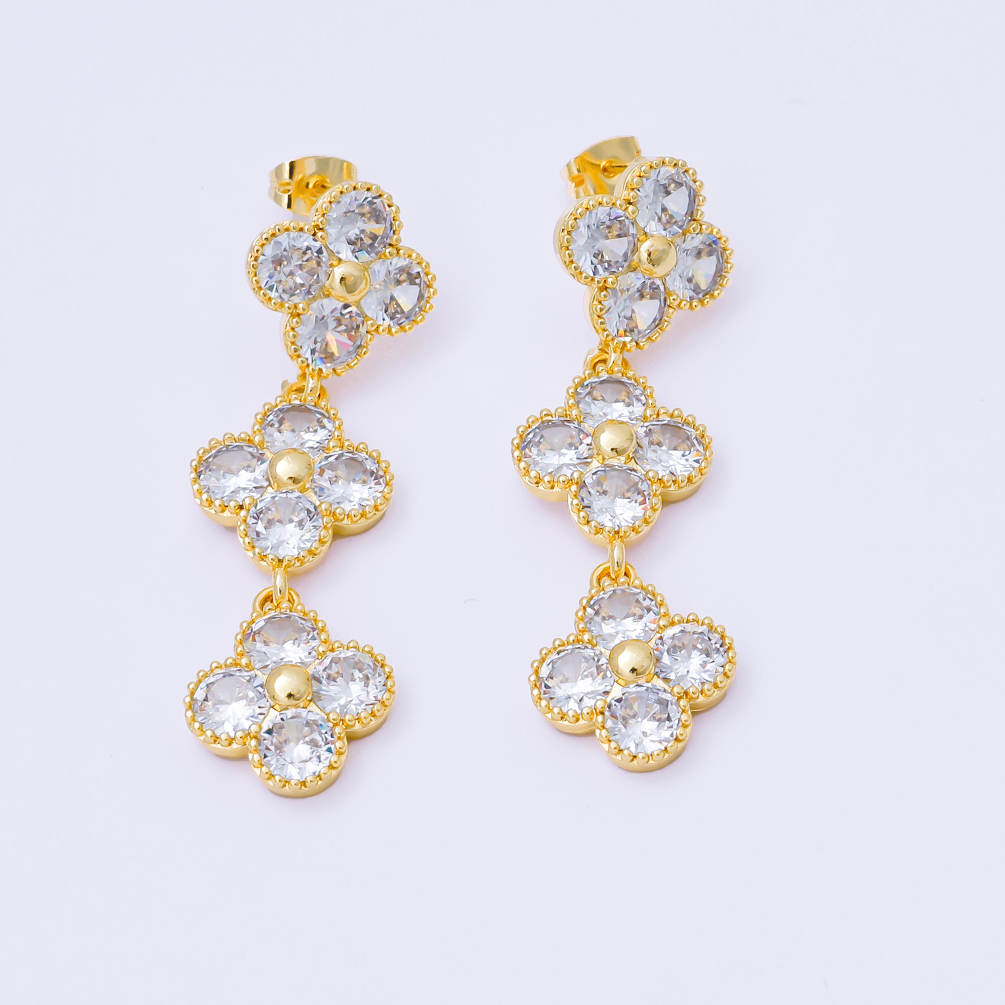24K Gold Filled Triple-Row Clover Leaf Micro Paved CZ Drop Studs Earrings | AB1566