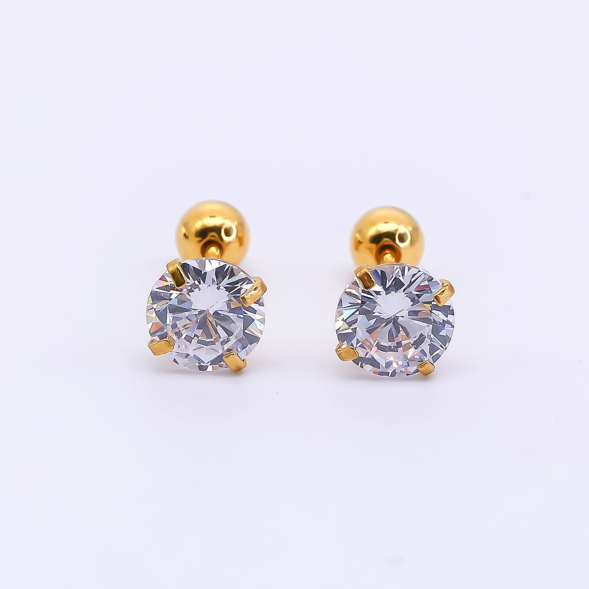 Gold Stainless Steel Round CZ Classic Stud Earrings in Various Sizes | AB1567 - AB1571