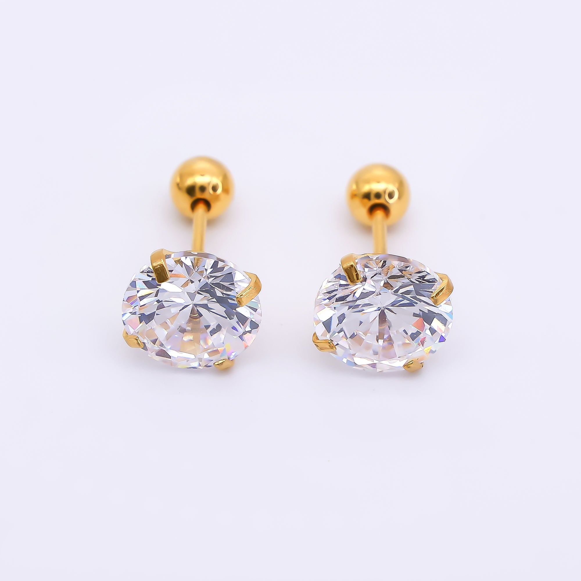 Gold Stainless Steel Round CZ Classic Stud Earrings in Various Sizes | AB1567 - AB1571