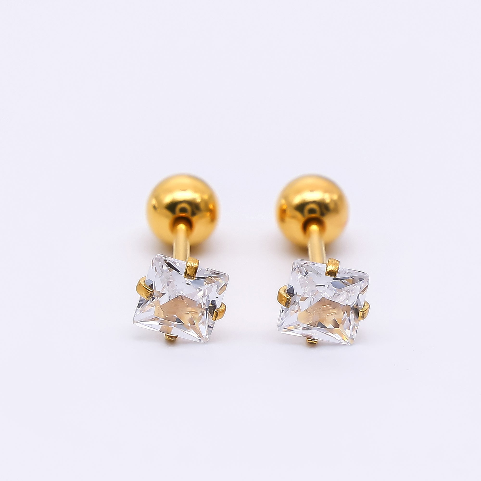 Gold Stainless Steel Cube CZ Radiant Dainty Stud Earrings | AB1583