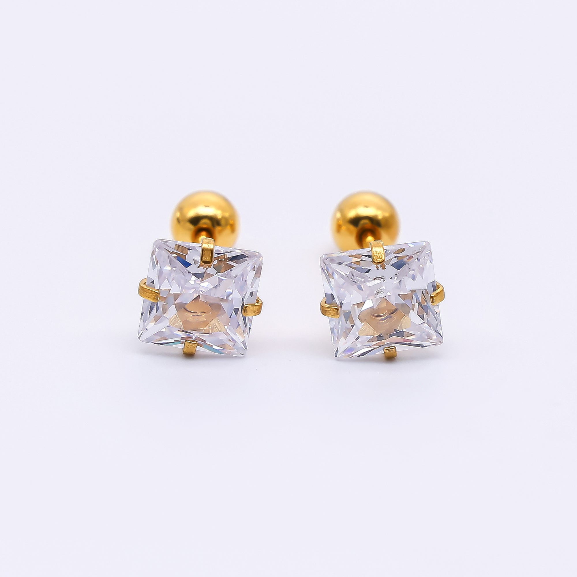 Gold Stainless Steel Cube CZ Radiant Dainty Stud Earrings | AB1583