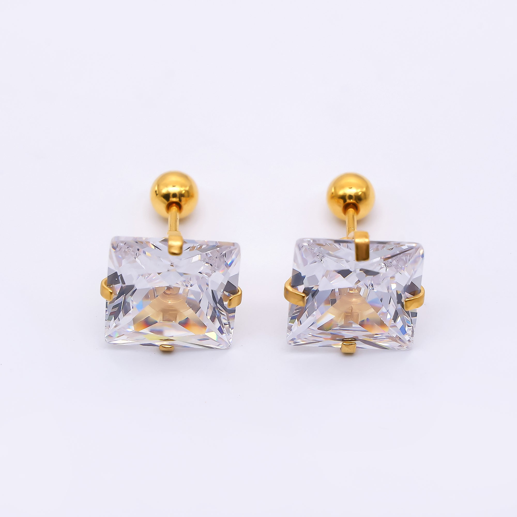 Gold Stainless Steel Cube CZ Radiant Dainty Stud Earrings | AB1583