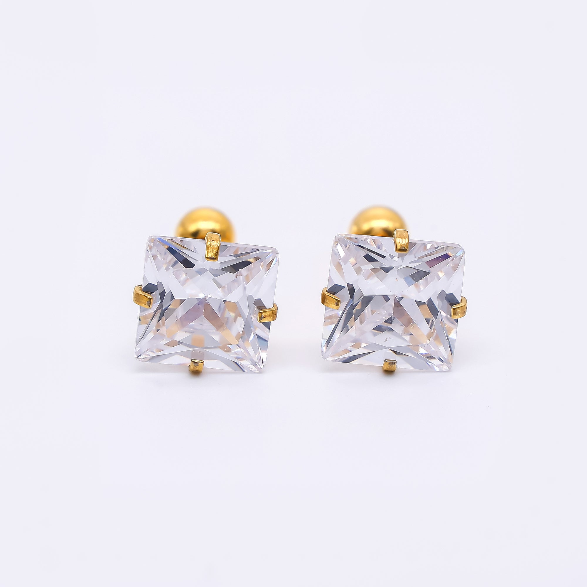 Gold Stainless Steel Cube CZ Radiant Dainty Stud Earrings | AB1583