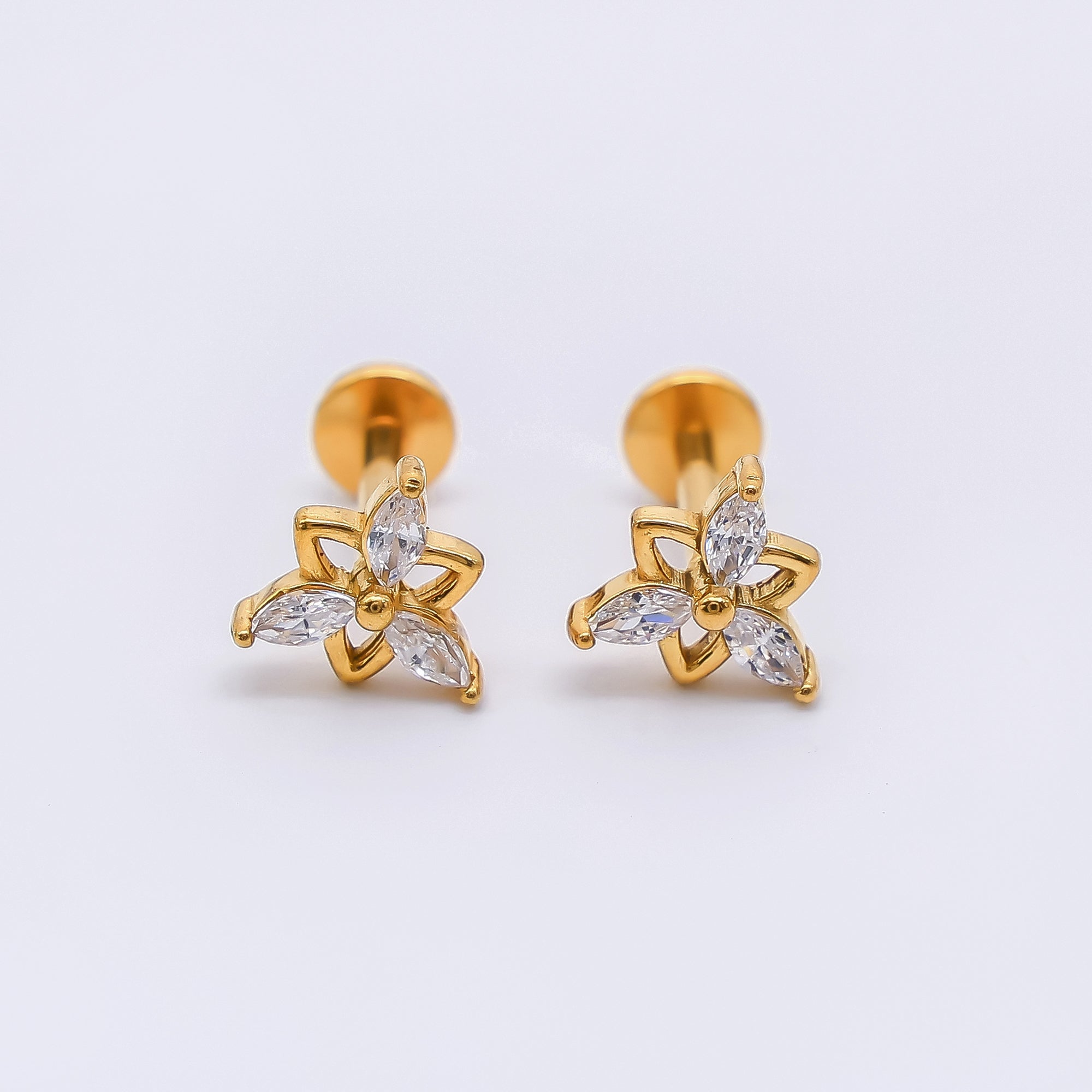 Gold Stainless Steel Marquise CZ Blooming Petals Floral Stud Earrings | AB1586