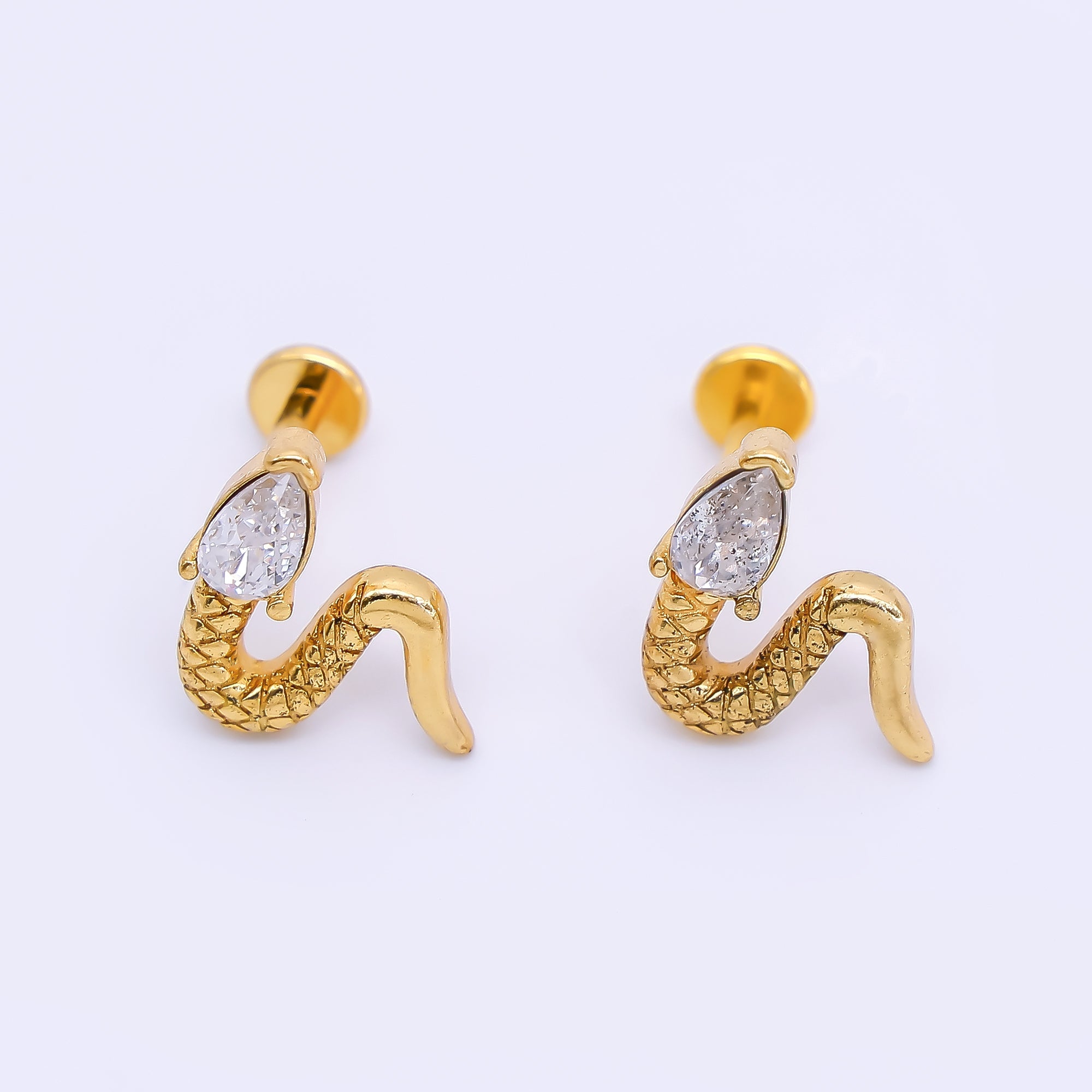 Gold Stainless Steel Pear-Cut CZ Dainty Venomous Snake Stud Earrings | AB1587