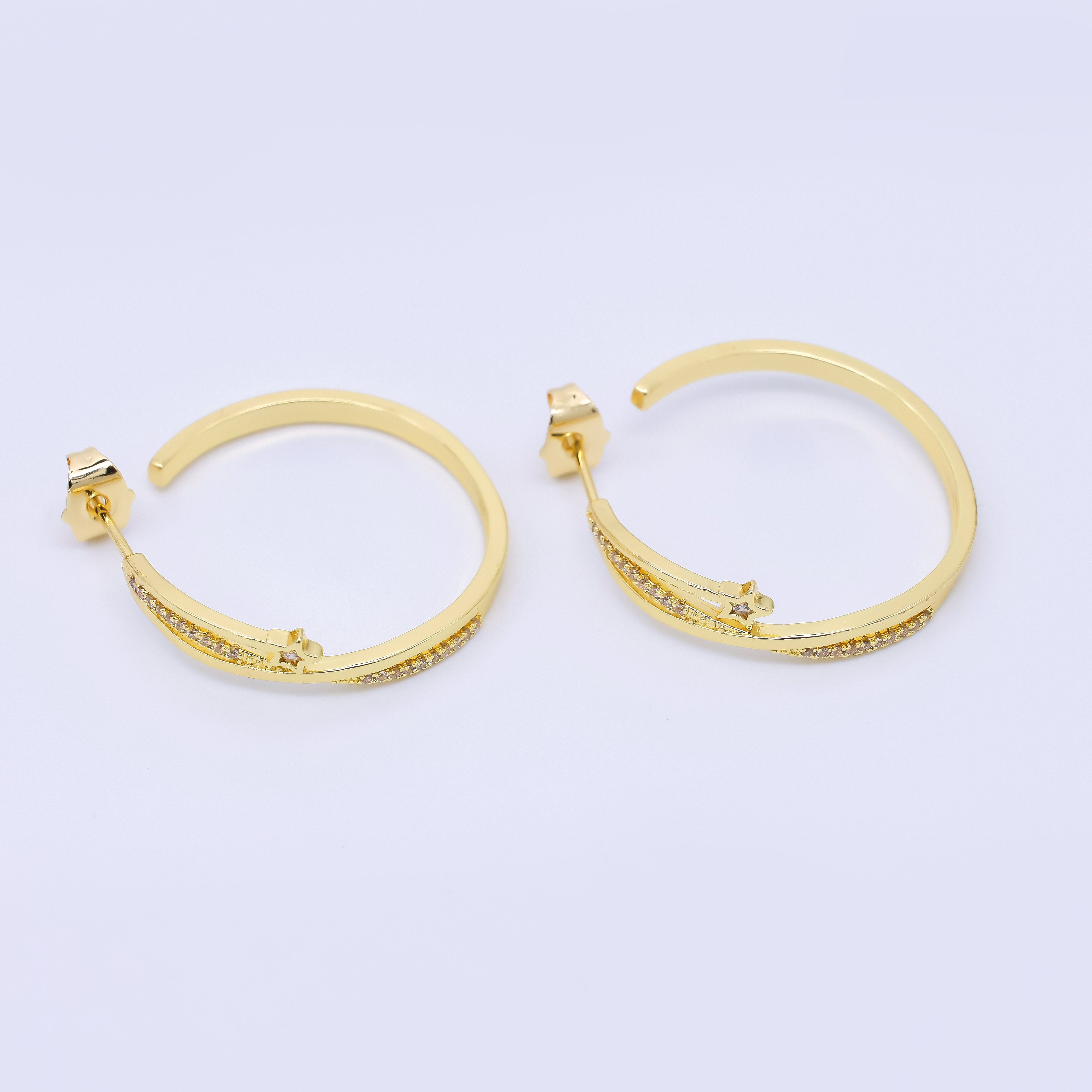 24K Gold Filled Micro Paved CZ Shooting Star C-Shaped Hoop Earrings | AB1592