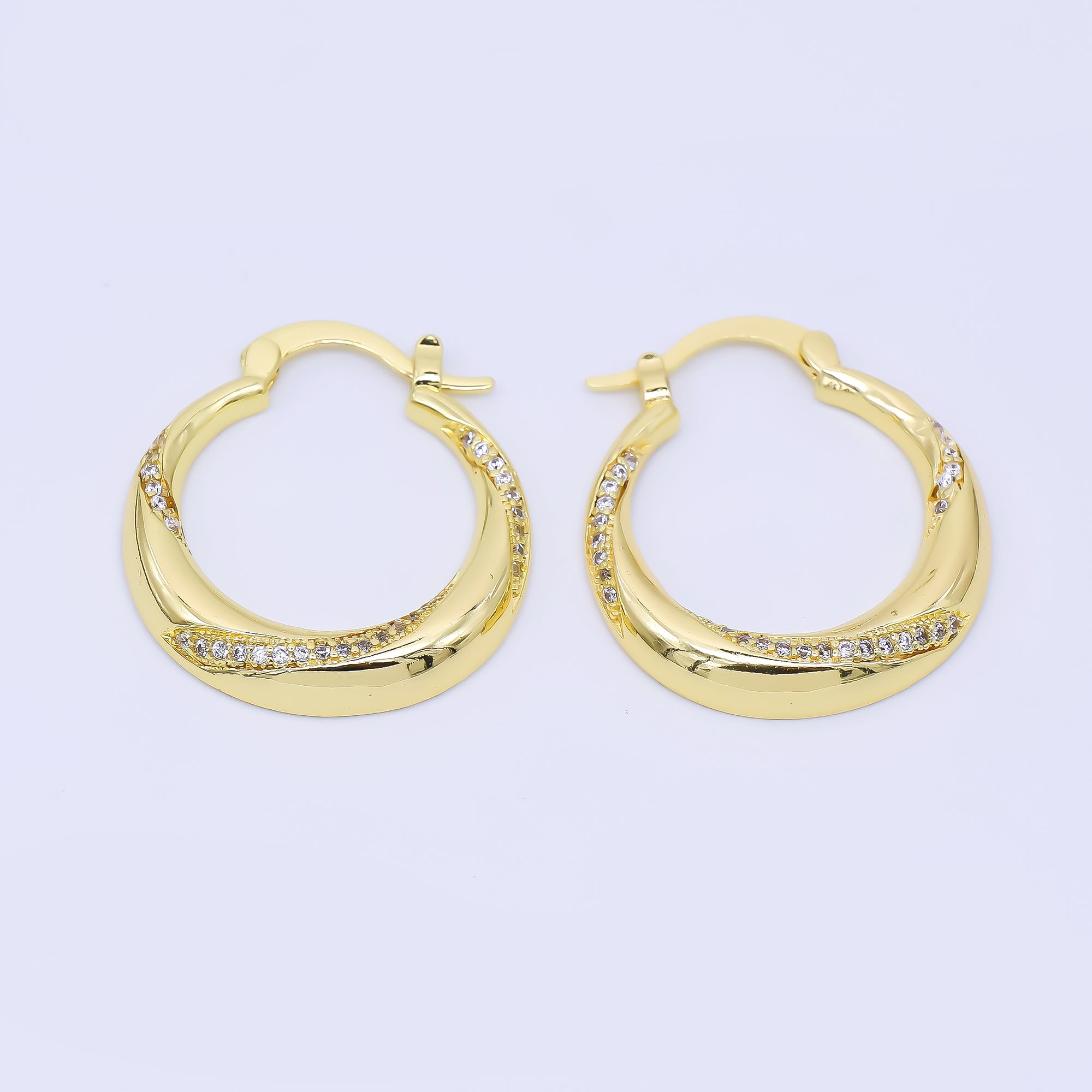 24K Gold Filled Micro Paved CZ Twisted Dome French Lock Latch Hoop Earrings | AB1593