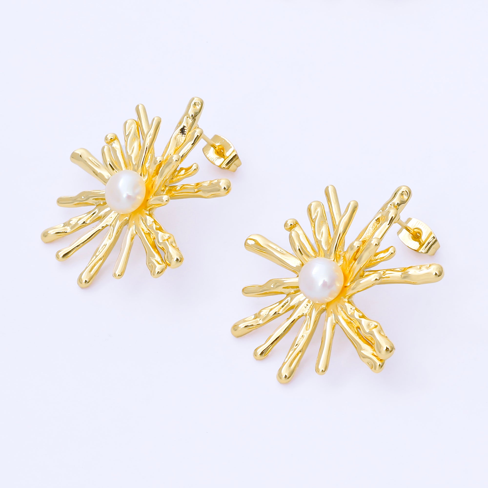 24K Gold Filled 34mm Shell Pearl Sunburst Flower Drop Stud Earrings | AB1598 AB1599