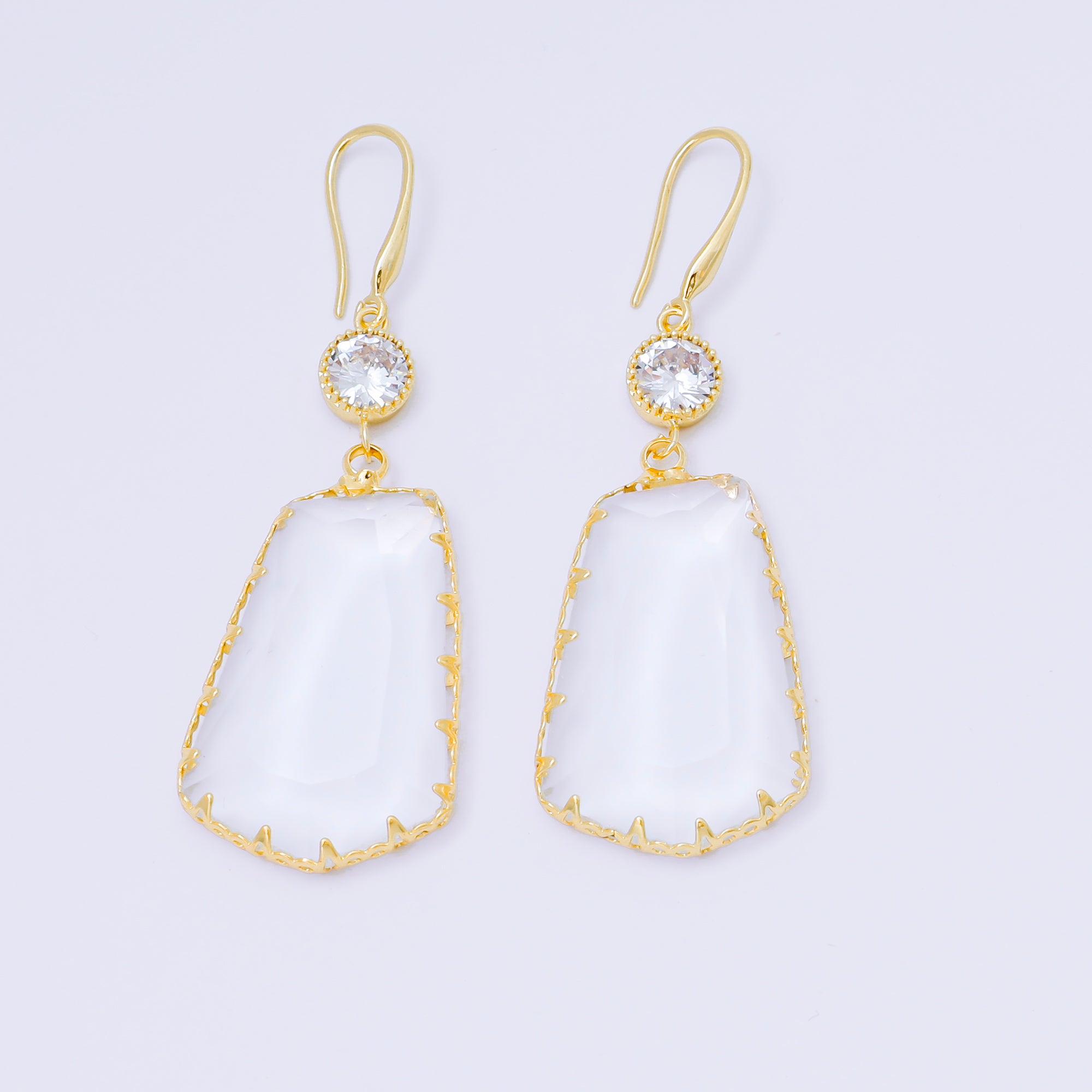 24K Gold Filled 34mm Clear CZ Trapezoid Teardrop Statement Drop Hook Earrings | AB1603