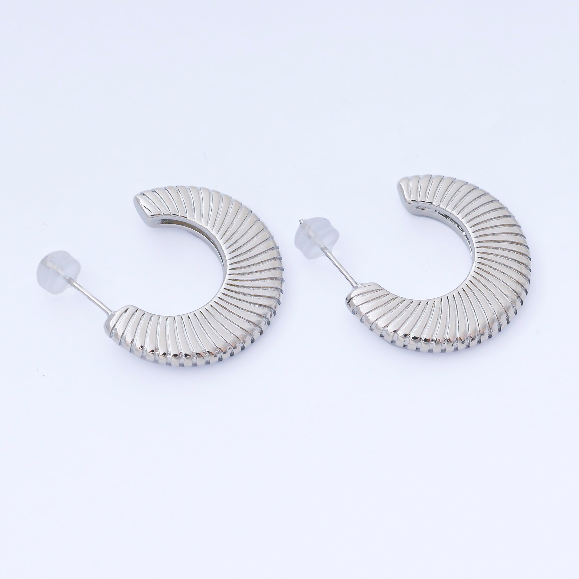 Silver 24.5mm Starburst Lines-Textured C-Shaped Hoop Earrings | AB1605
