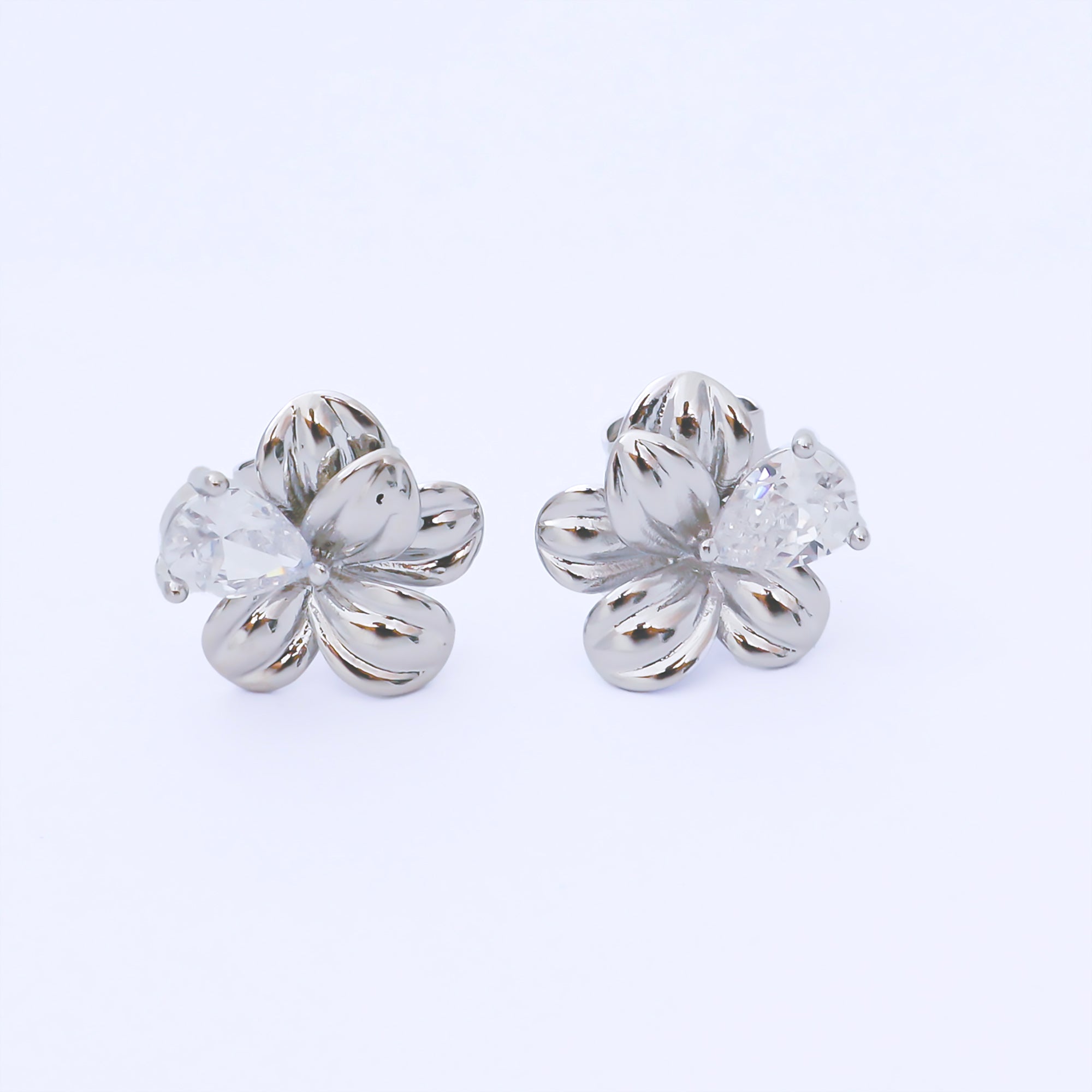 Silver 14mm Teardrop CZ Blooming Flower Floral Studs Earrings | AB1608
