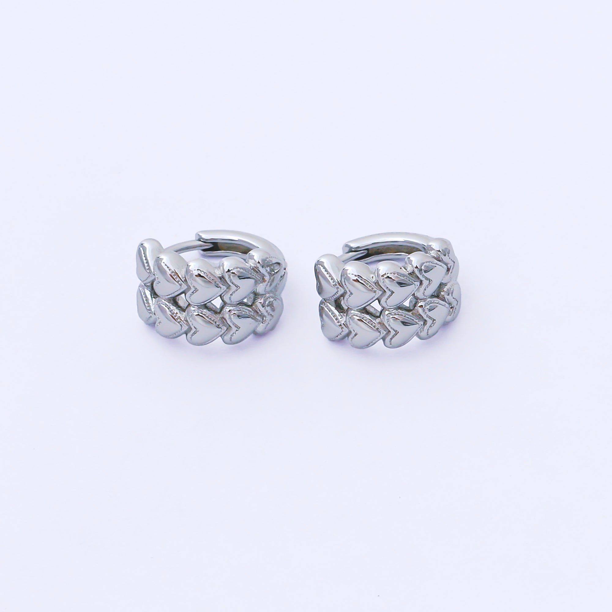 24K Gold Filled 12mm Double Row Heart Embossed Huggie Earrings in Gold & Silver | AB1611 AB1612